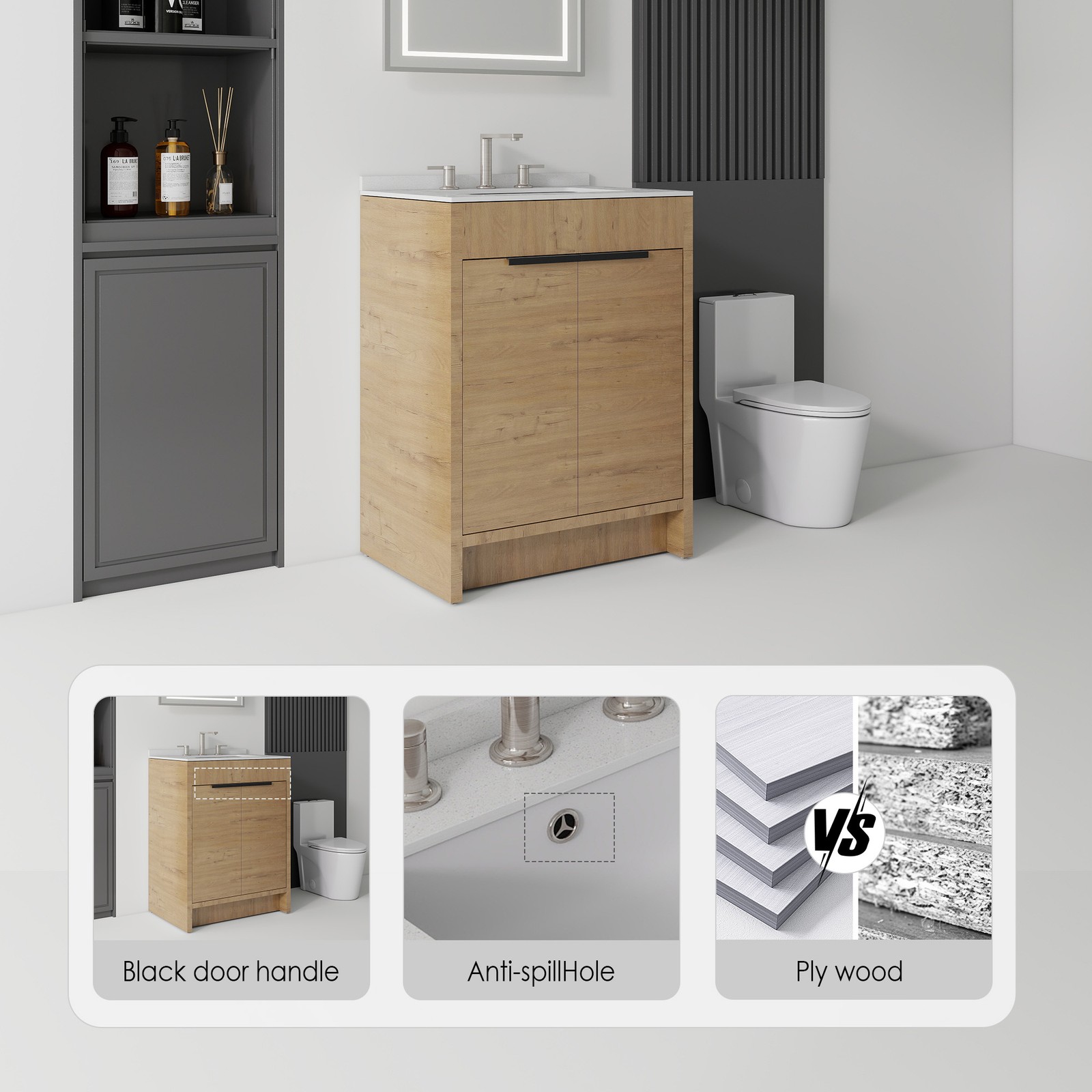 24″ Freestanding Bathroom Vanity with Sink, Soft-Close Door, White Marble Top