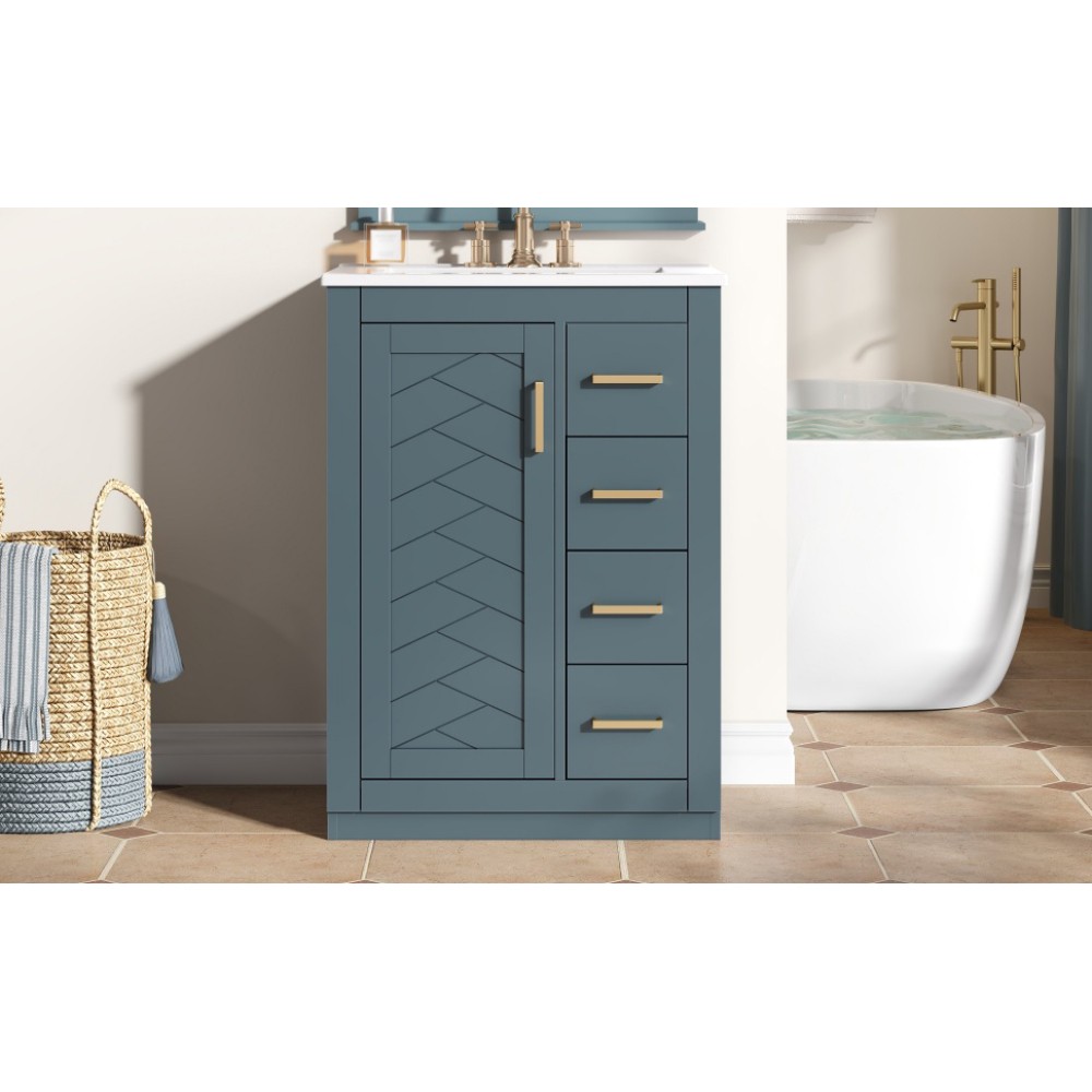 24in Bathroom Vanity Integrated Ceramic Sink 1 Door 3 Drawers