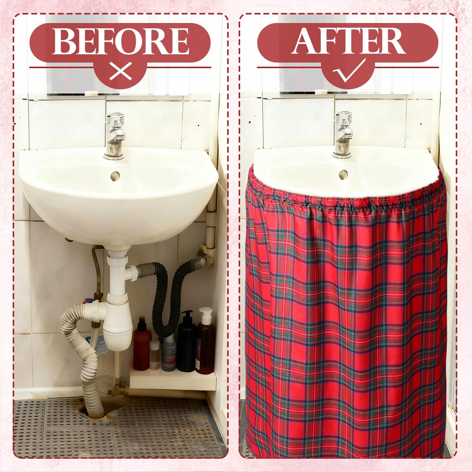 Self-Adhesive Sink Skirt, 55″x32″ Waterproof Fabric Under Sink Cover with Dia…