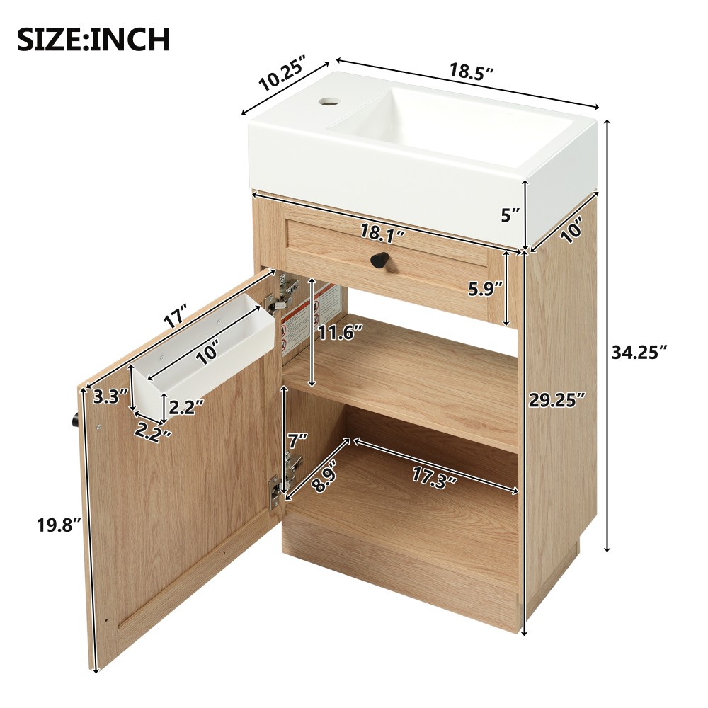 18.5 Inch Rustic Bathroom Vanity MDF Cabinet Reversible Resin Sink Adjustable