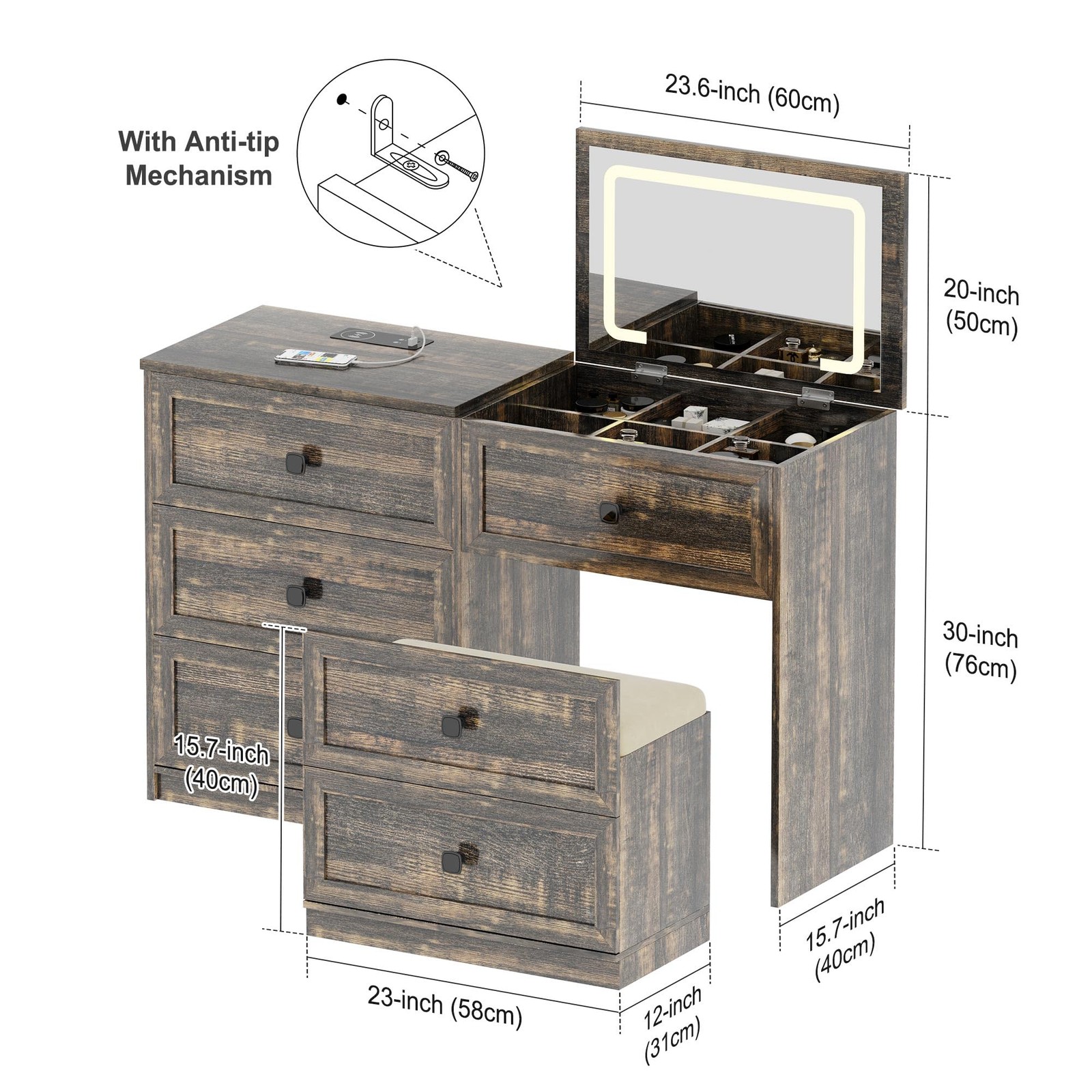 3-in-1 Vanity Desk Mirror Lights Charging Station Drawers Lock Stool