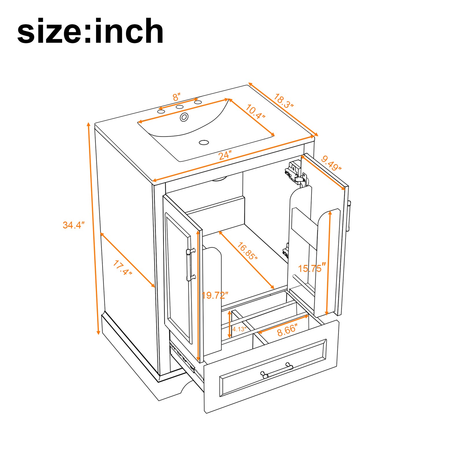 Modern 24″ Bathroom Vanity with Sink, MDF Cabinet & Solid Wood Frame Gray