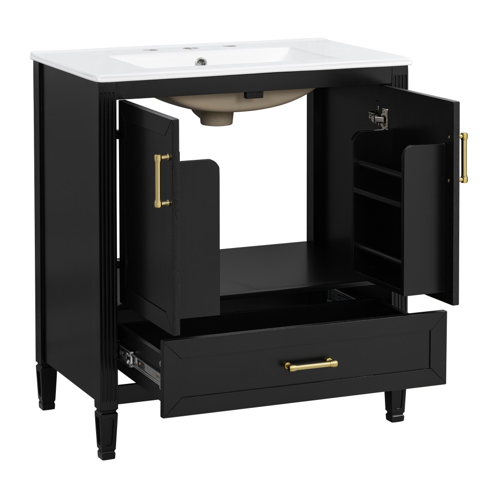 30 Inch Fluted Black Bathroom Vanity with Ceramic Sink Soft-Close Doors Drawer