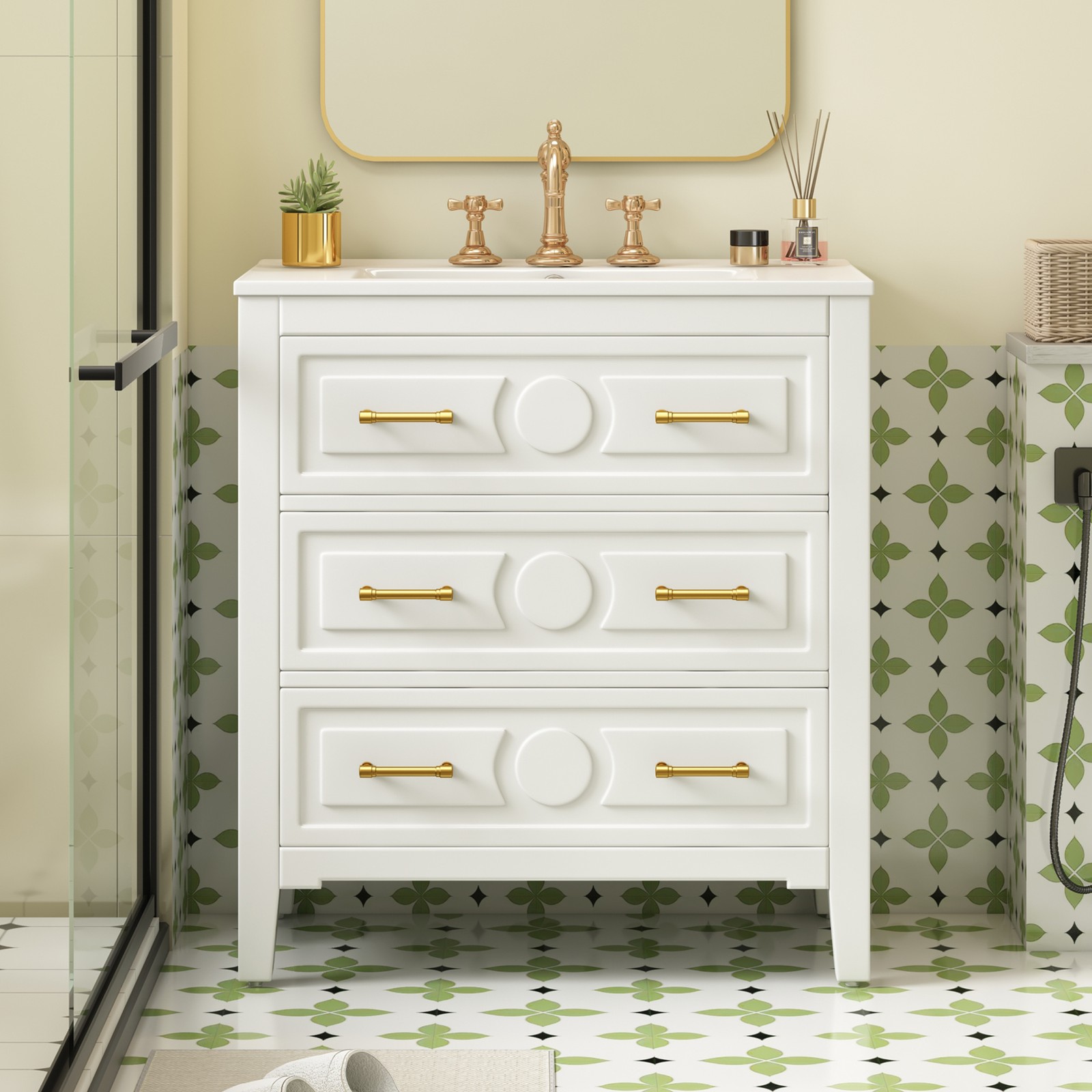 White 30″ Free Standing Bathroom Vanity w/ Ceramic Sink & 3 Drawers, Solid Wood