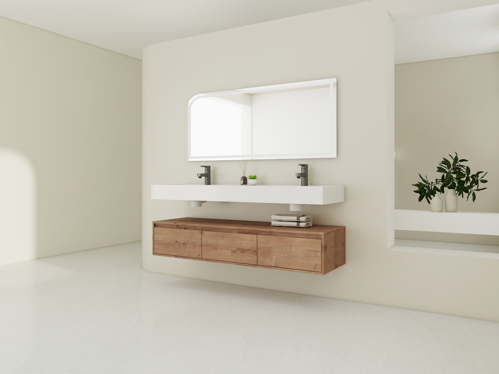 60″ Wood Floating Wall Mounted Bathroom Vanity with Double Resin Sink +3Drawers