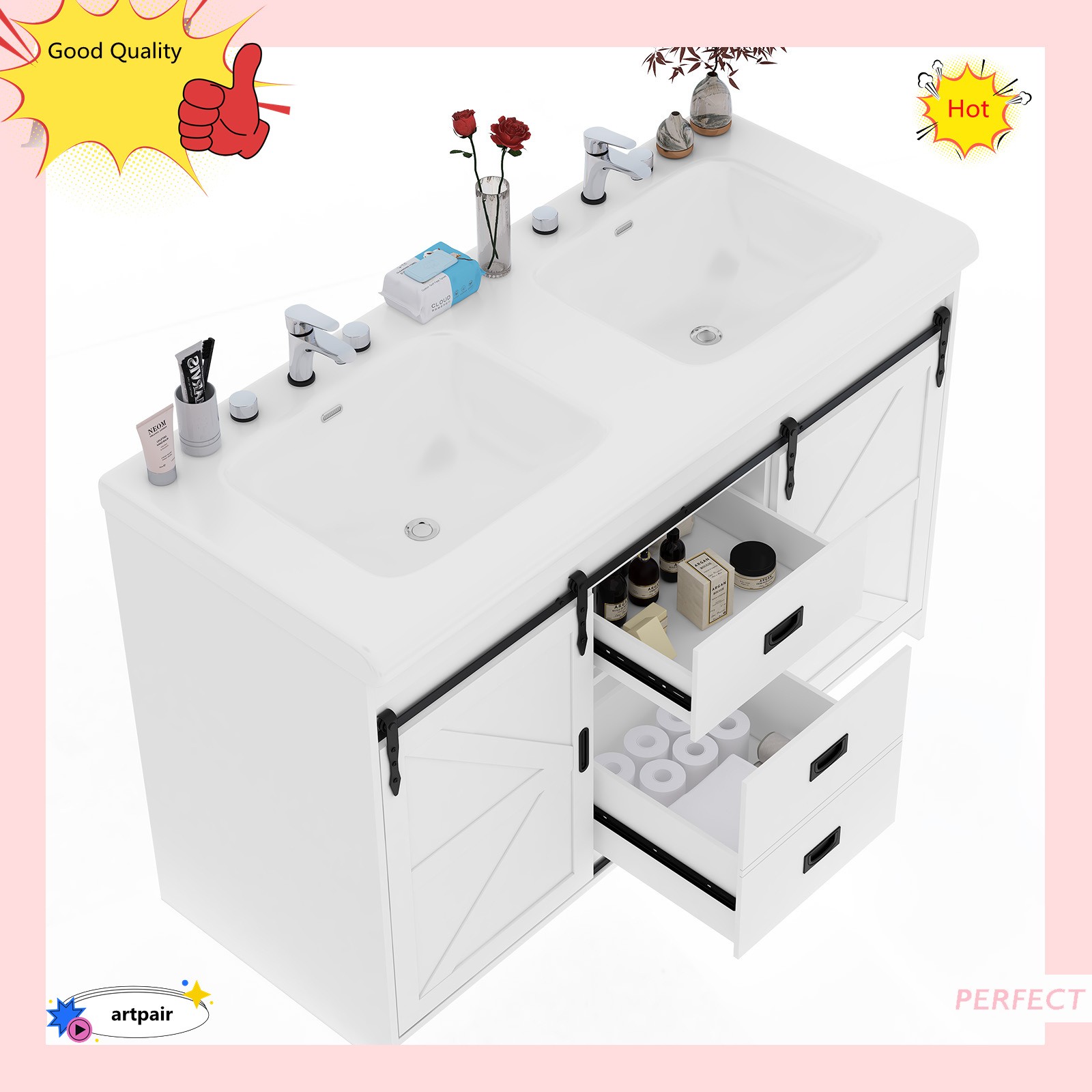 Large Vanity Cabinet Double Bathroom Top Ceramic Sink Countertop without Faucet