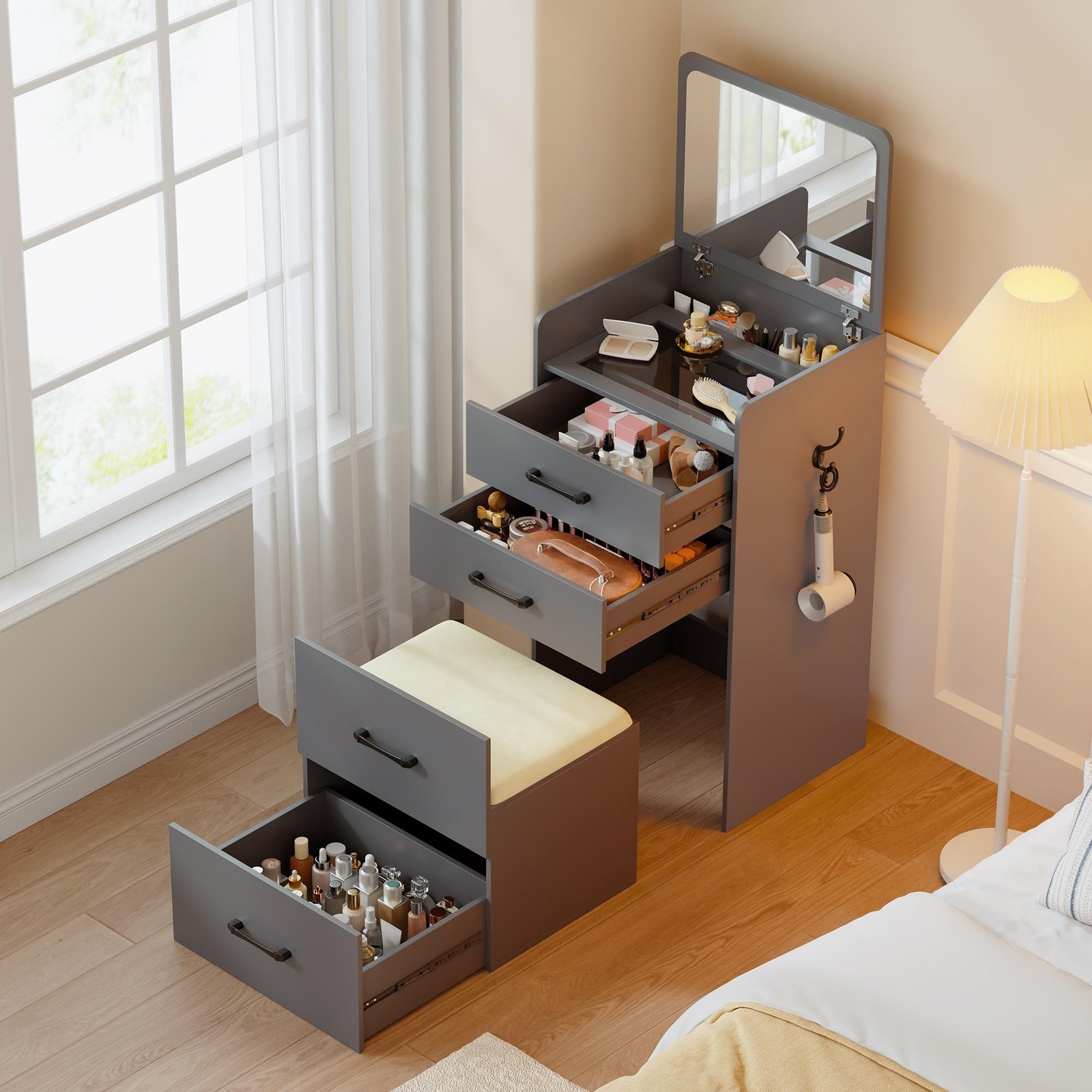3-in-1 Vanity Desk Set with Mirror and Cushioned Stool Grey Makeup Dressing