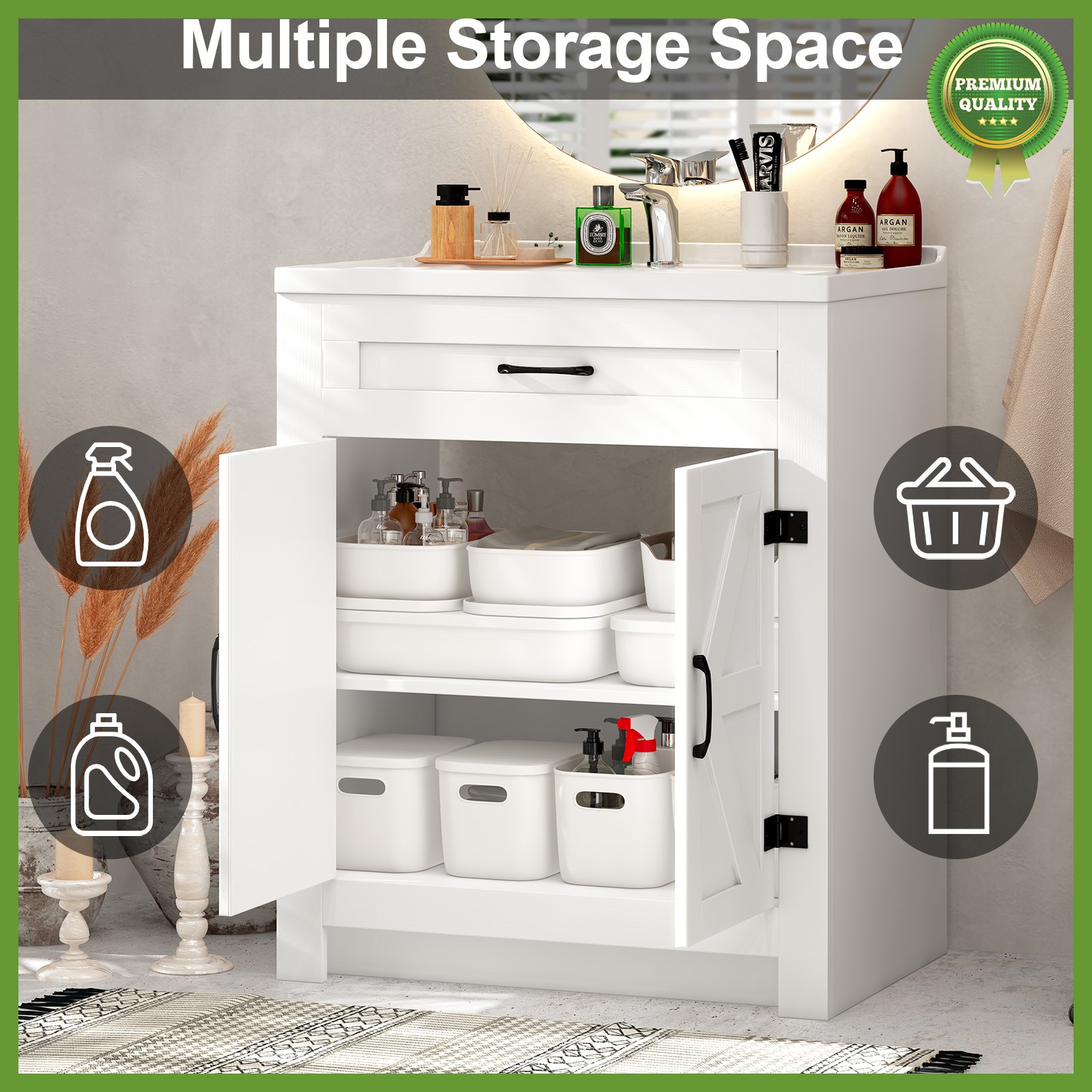 31” White Wood Bathroom Vanity Combo with Drop in Ceramic Sink Storage Cabinet