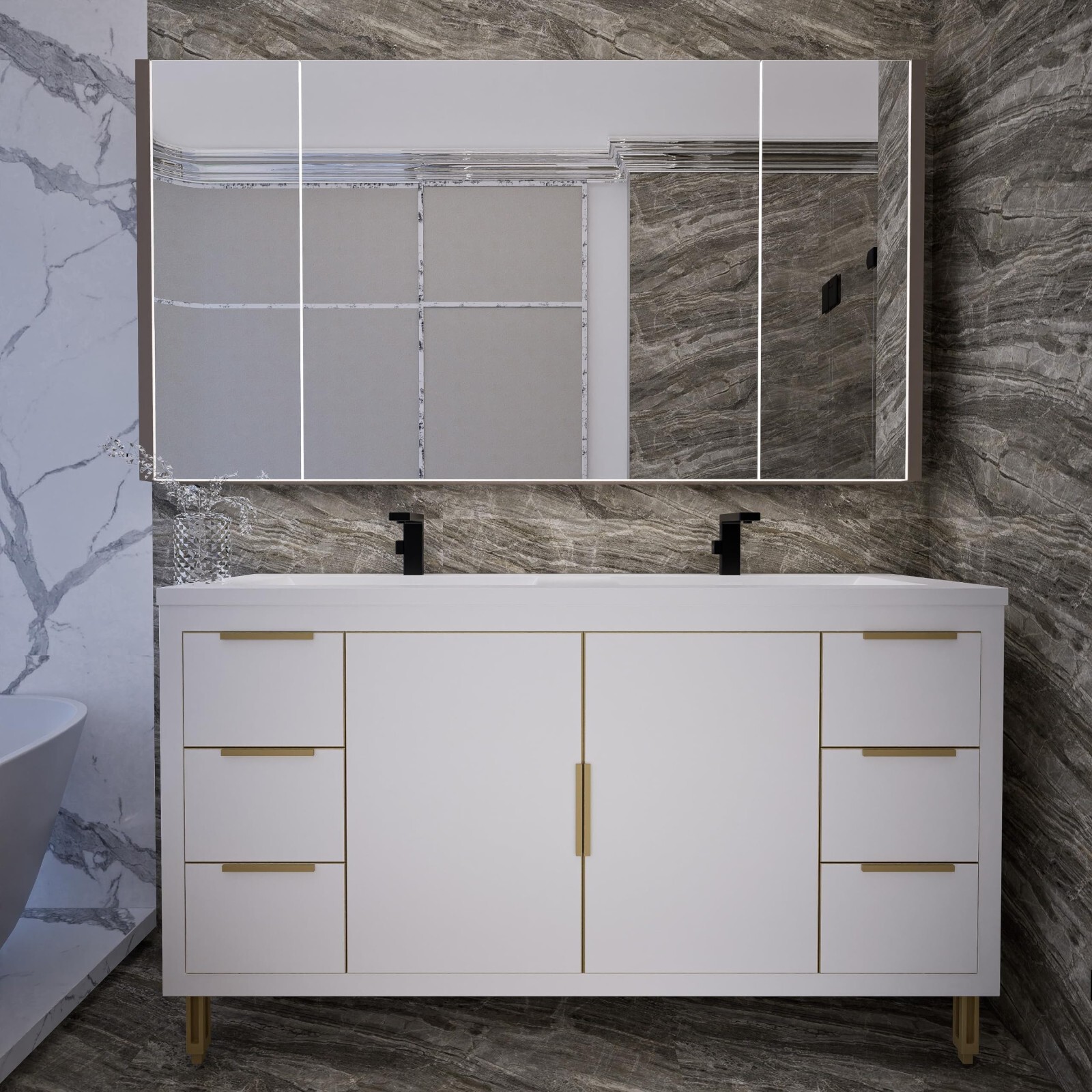 60″ Freestanding Bathroom Vanity Double Sink Storage Cabinet Soft Doors, Drawers