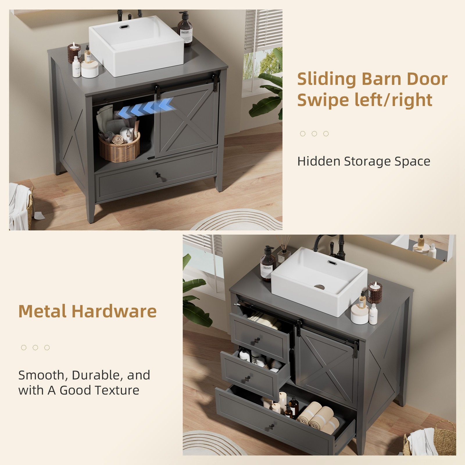36″ Bathroom Vanity w/ Sink Ceramic Freestanding Cabinet Sliding Barn Door Wood