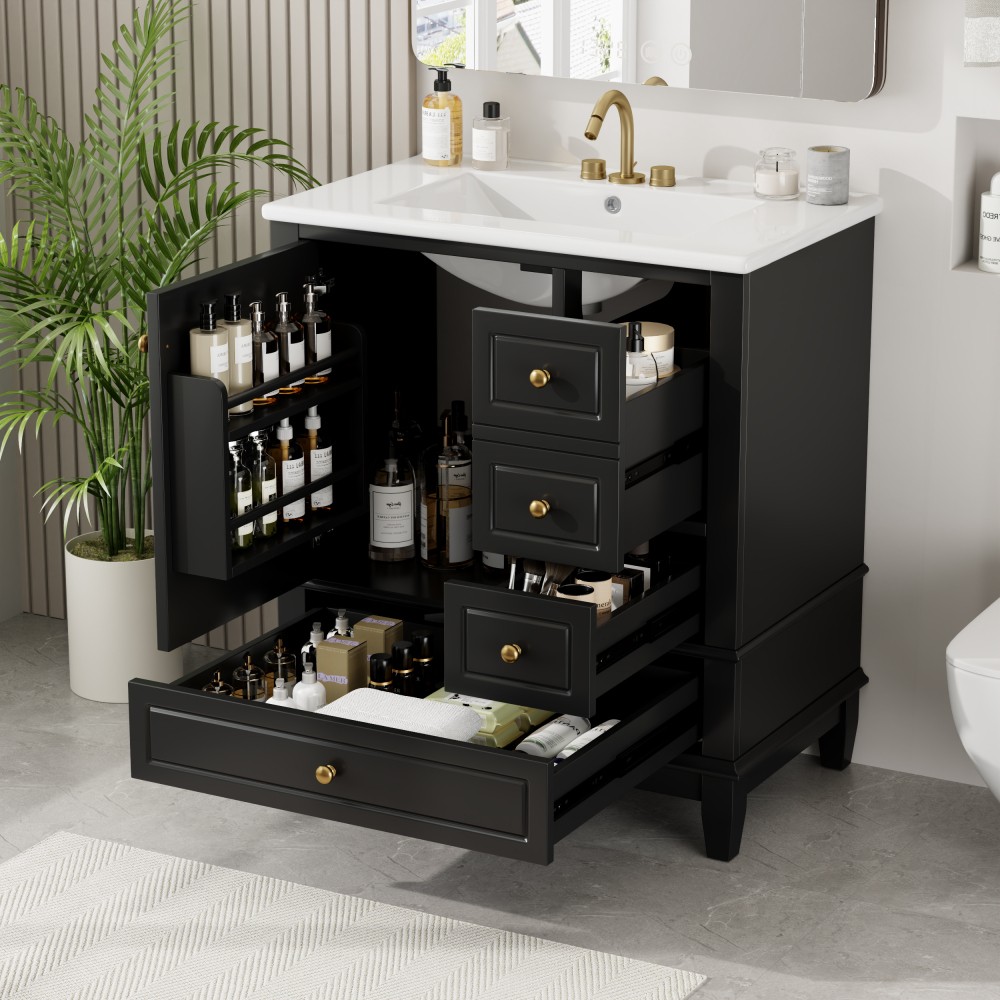 30″ Bathroom Vanity w/Ceramic Sink,Soft Close Door,3 Drawers,Rubber Wood,Vietnam