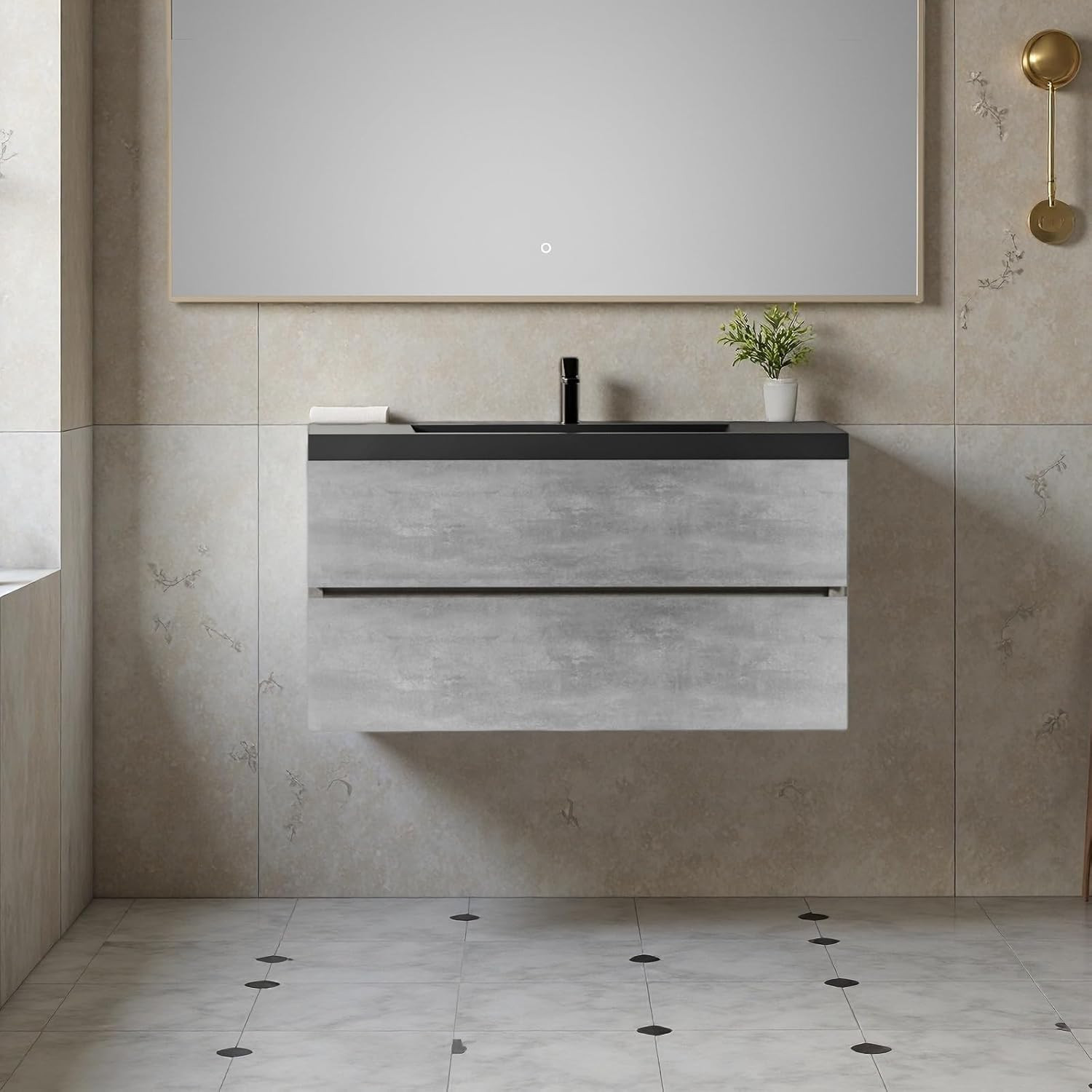 Modern 42″ Floating Bathroom Vanity with Quartz Sink & U-Shaped Drawers, Grey