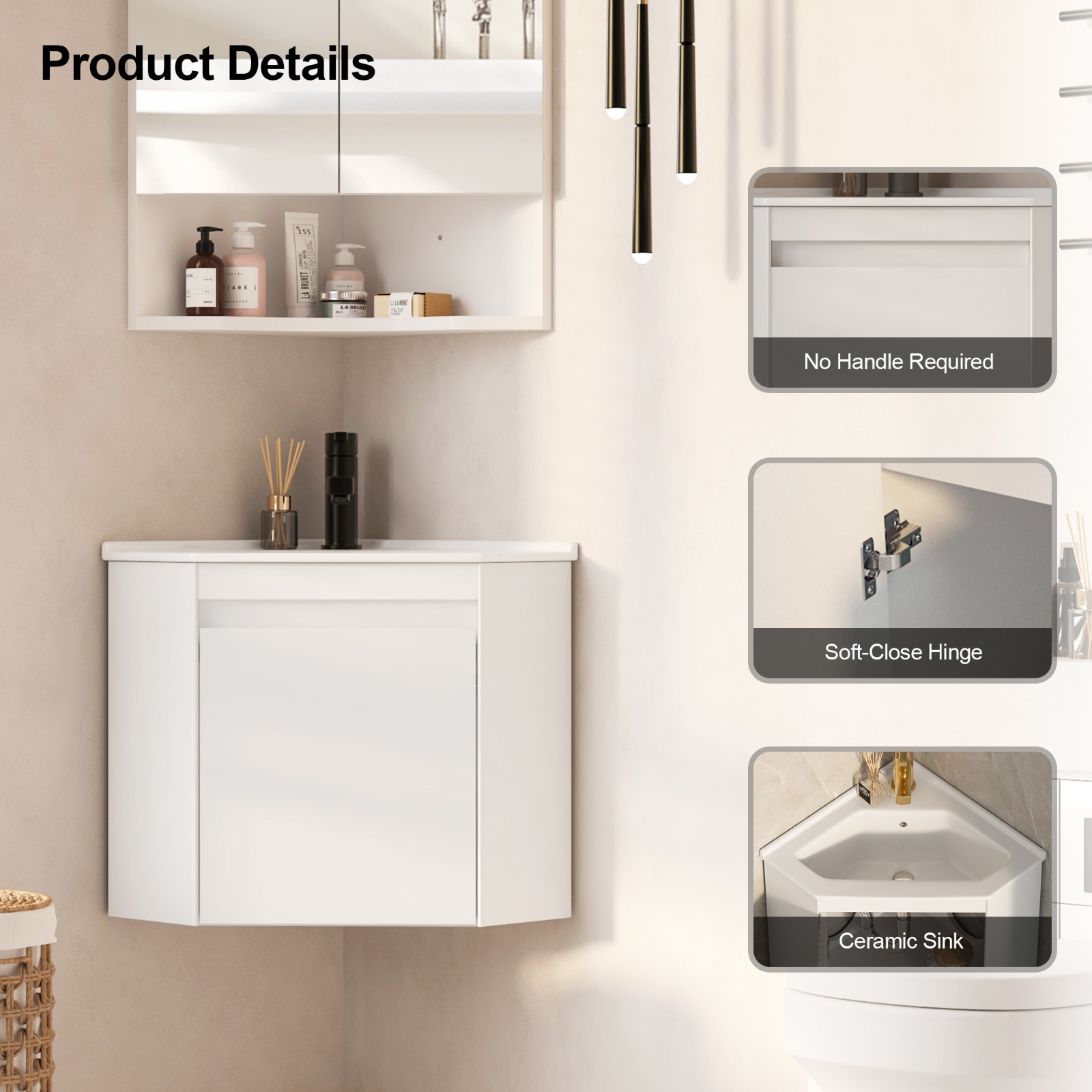 24″ Corner Bathroom Vanity Sink Cabinet Wall Mount Floating for Small Bathroom