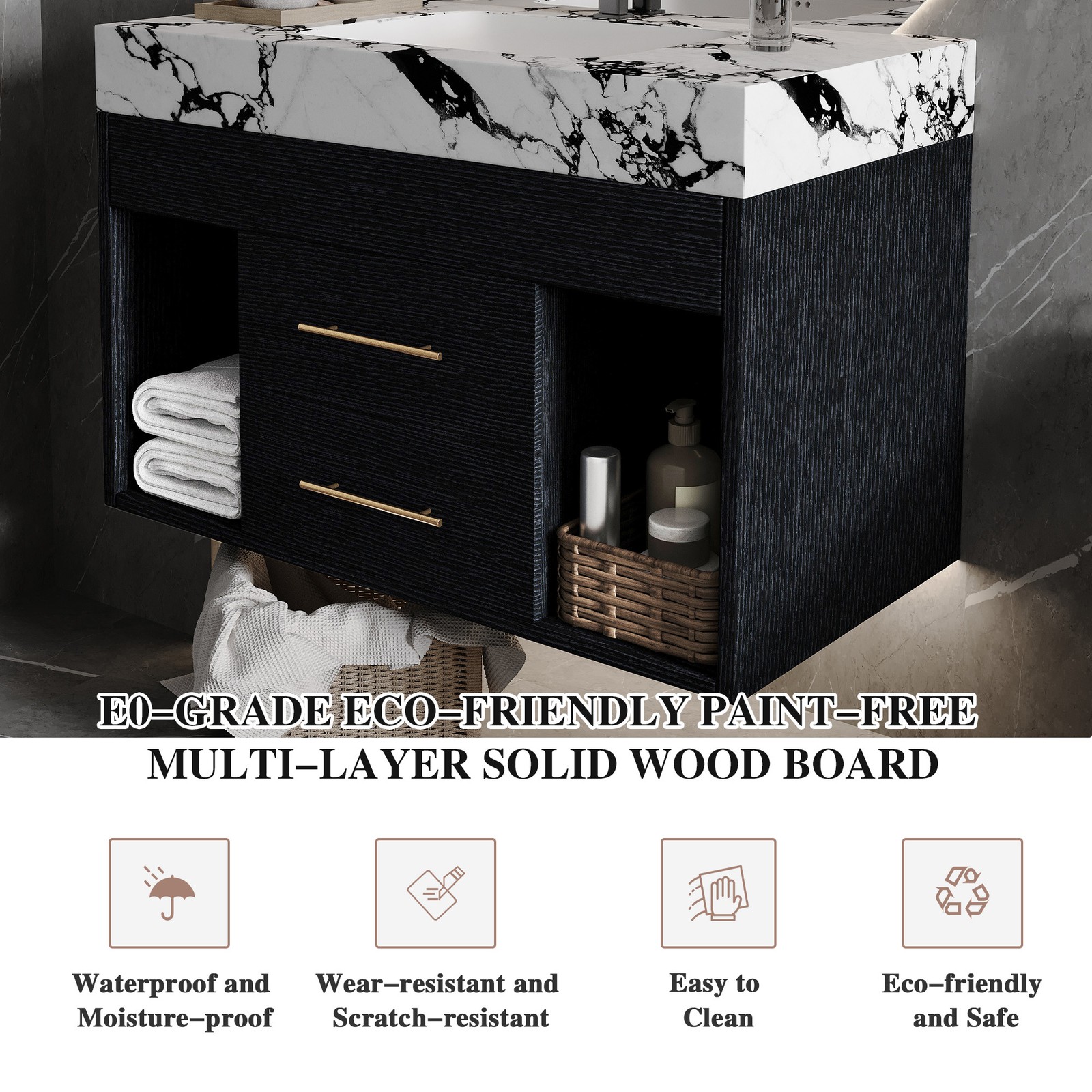 29.9″ Floating Vanity with Sintered Stone Top & Ceramic Sink