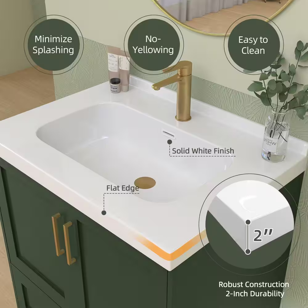 30 In. W X 22 In. D Solid Surface White Rectangular Bath Vanity Top with Single