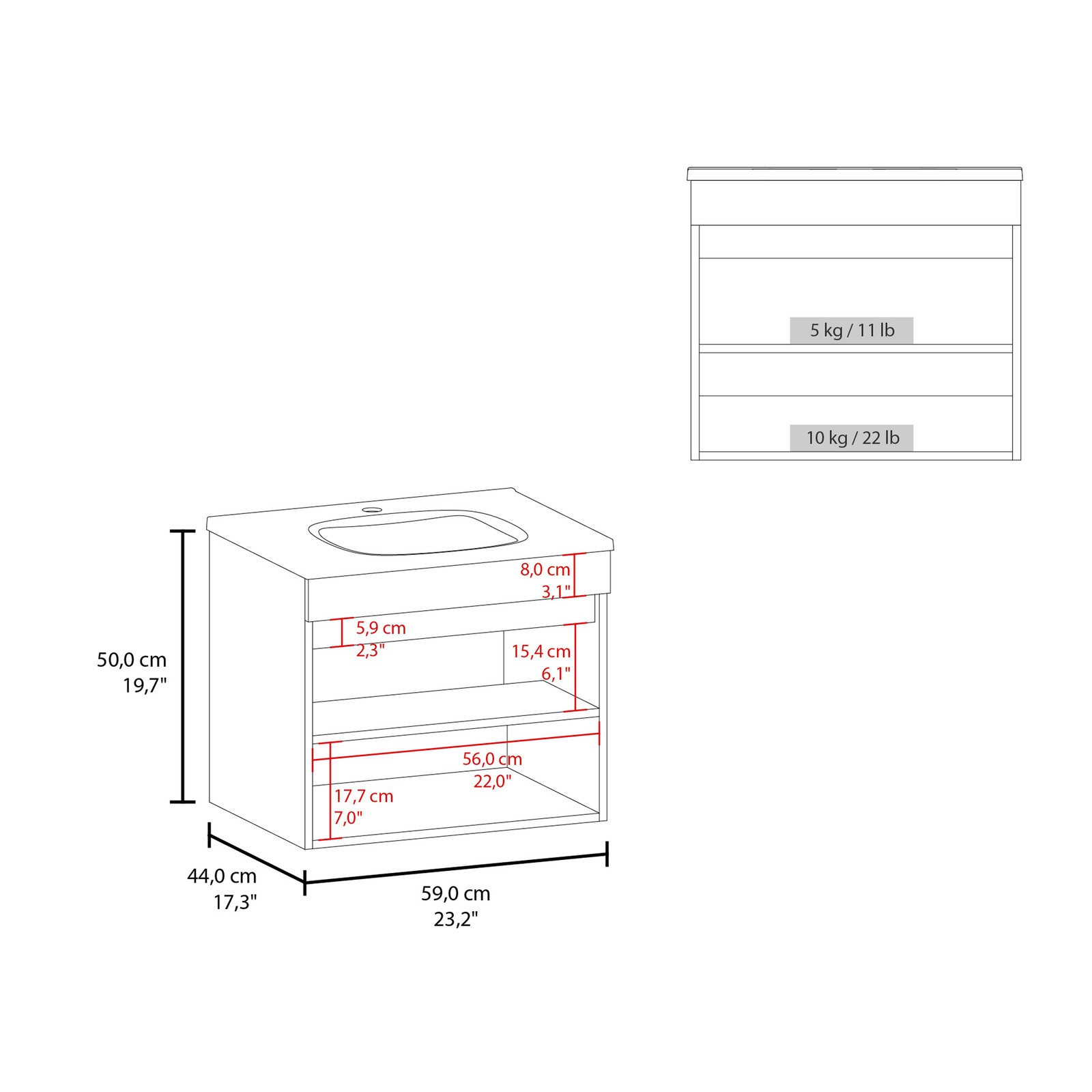 Bathroom Vanity with Sink, 2 Doors & 2 Shelves, White, 23.2″W