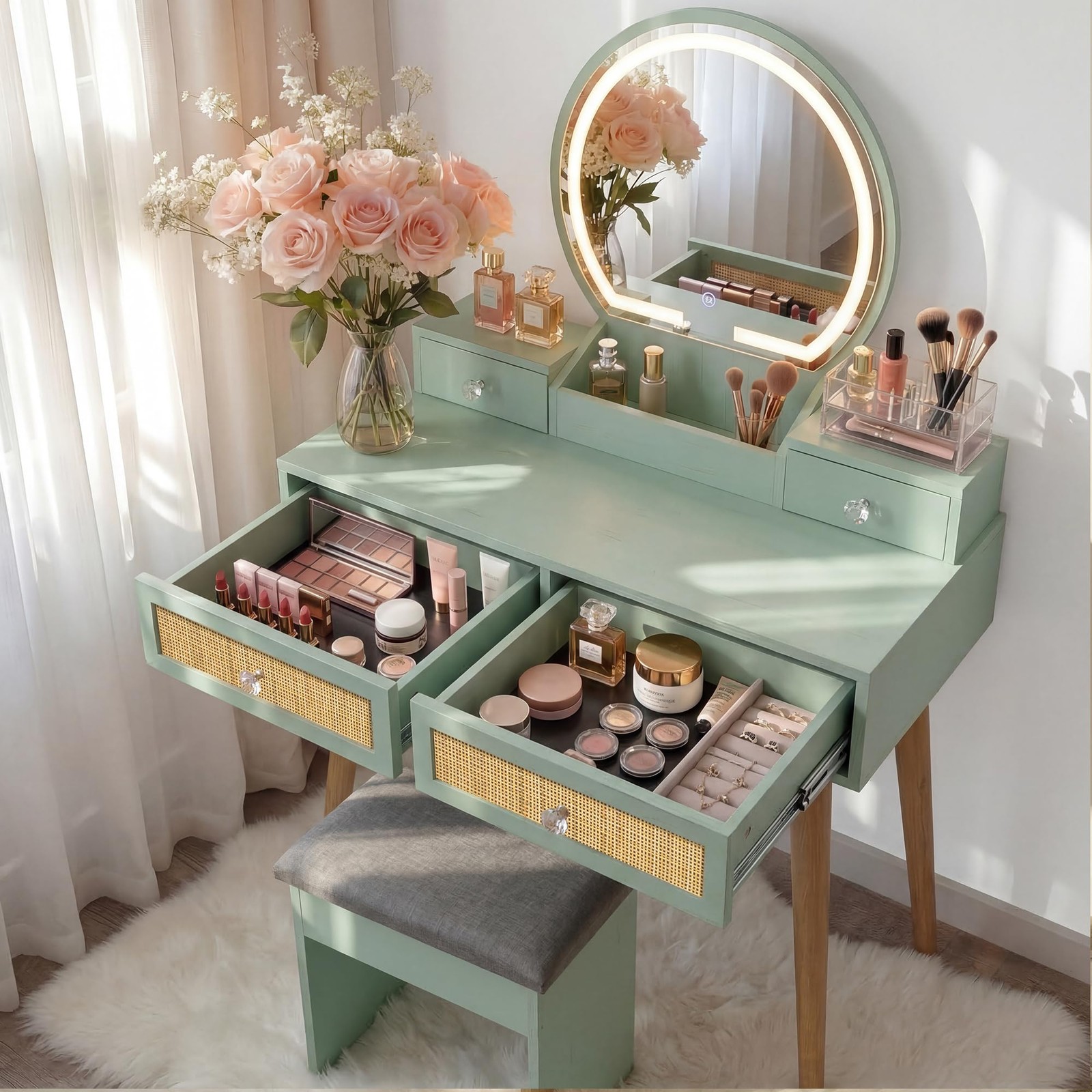 31″ Boho Natural Rattan Vanity Desk Set with 3-Mode Lighted Mirror & Stool Mint