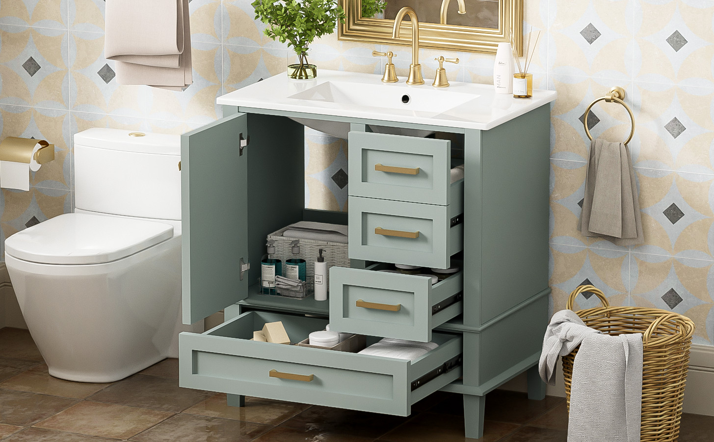 30″ Bathroom Vanity with Sink, Solid Wood Frame, Sage Green