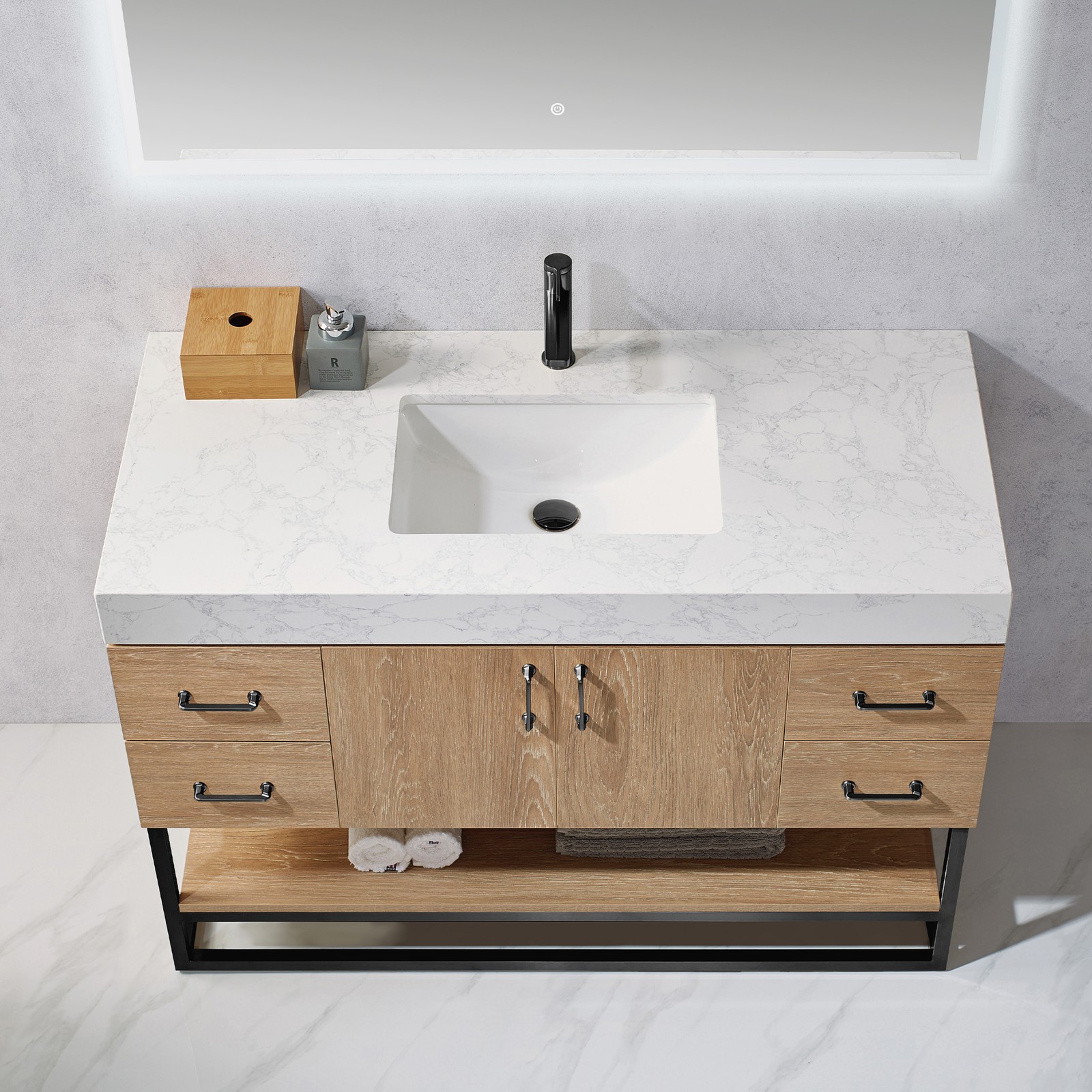 Vinnova Alistair 48″ White Stone Top Oak Single Vanity Black Frame w/o Mirror