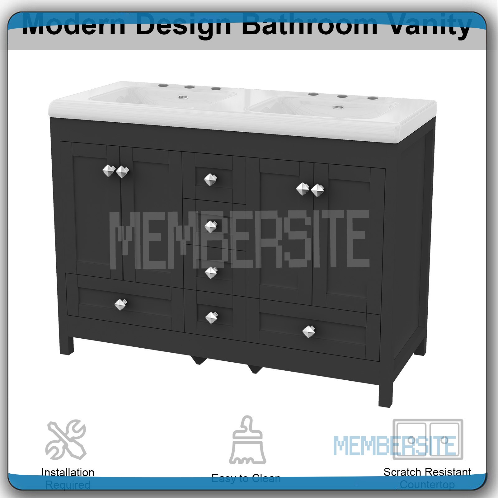 Black 47.3″ Bathroom Vanity Cabinet w/ 2 Ceramic Sinks Vanity Cabinet 6 Drawers