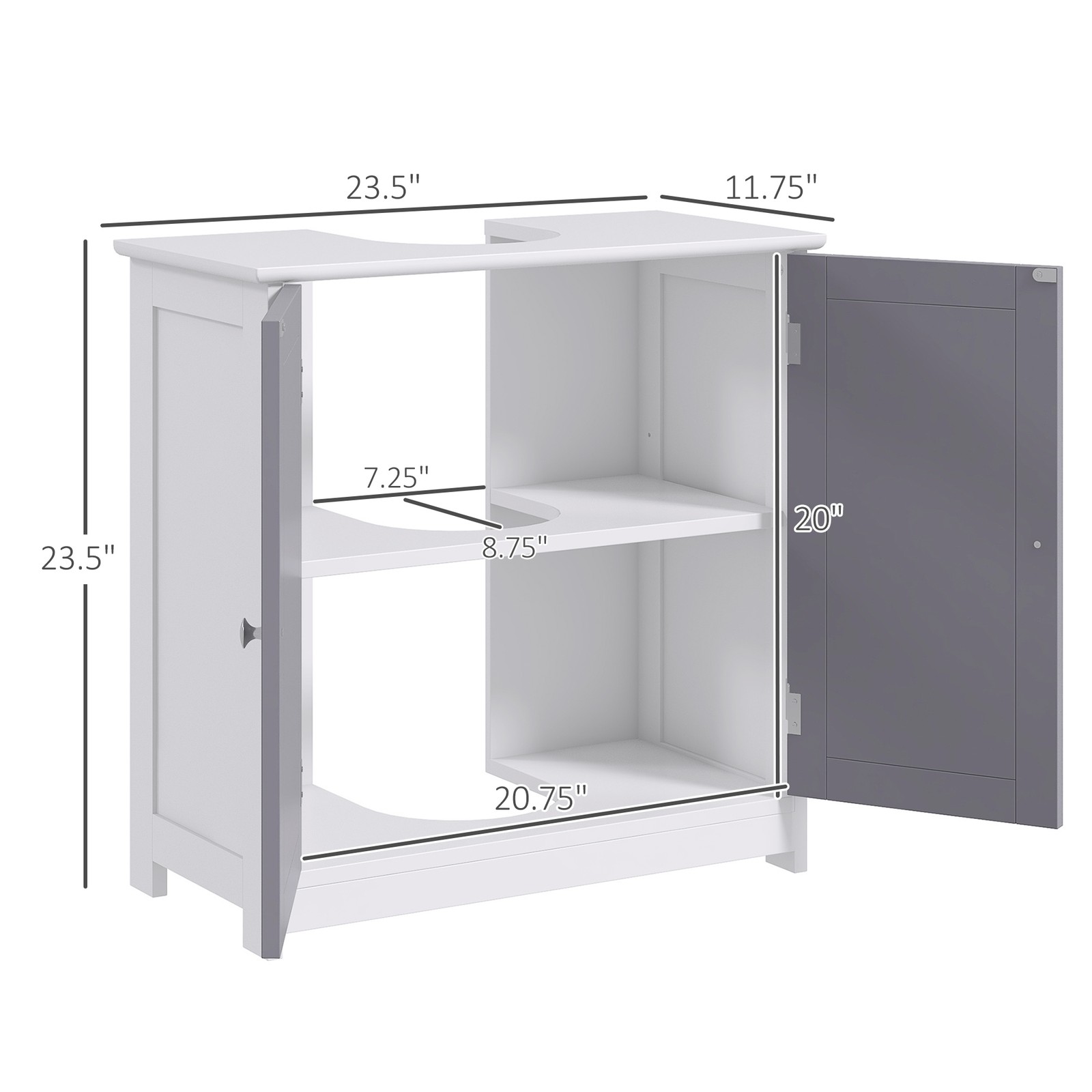 Under Sink Storage Cabinet, White & Gray Bathroom Vanity w/ Adjustable Shelf,
