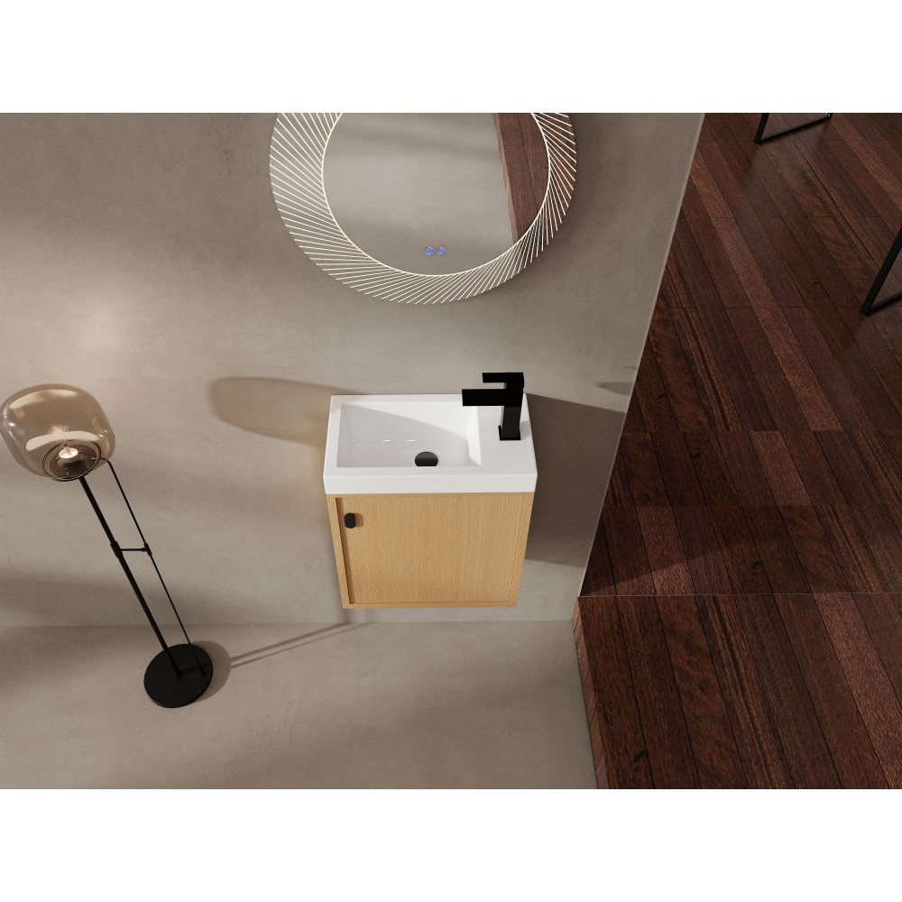 18.5-inch wall-mounted bathroom vanity overhangs to save space