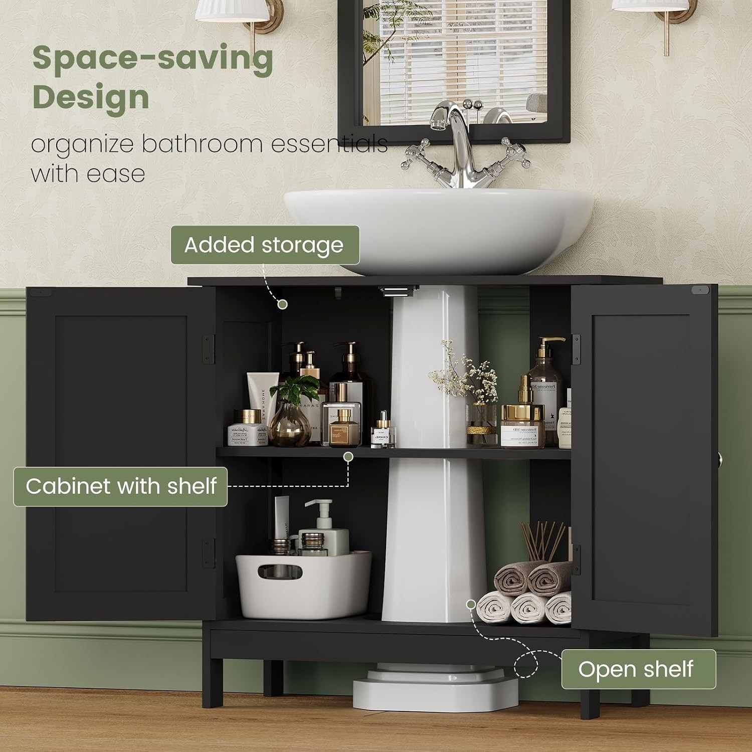 Moisture Resistant U-Shaped Under Sink Cabinet with 2 Doors – Quick Assembly