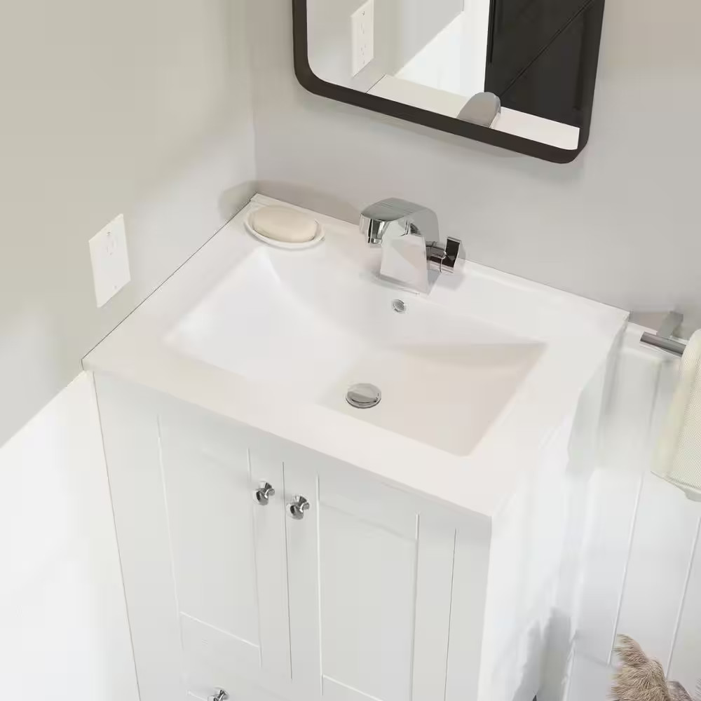 24 In. Ceramic Single Faucet Hole Vanity Top in White with White Basin