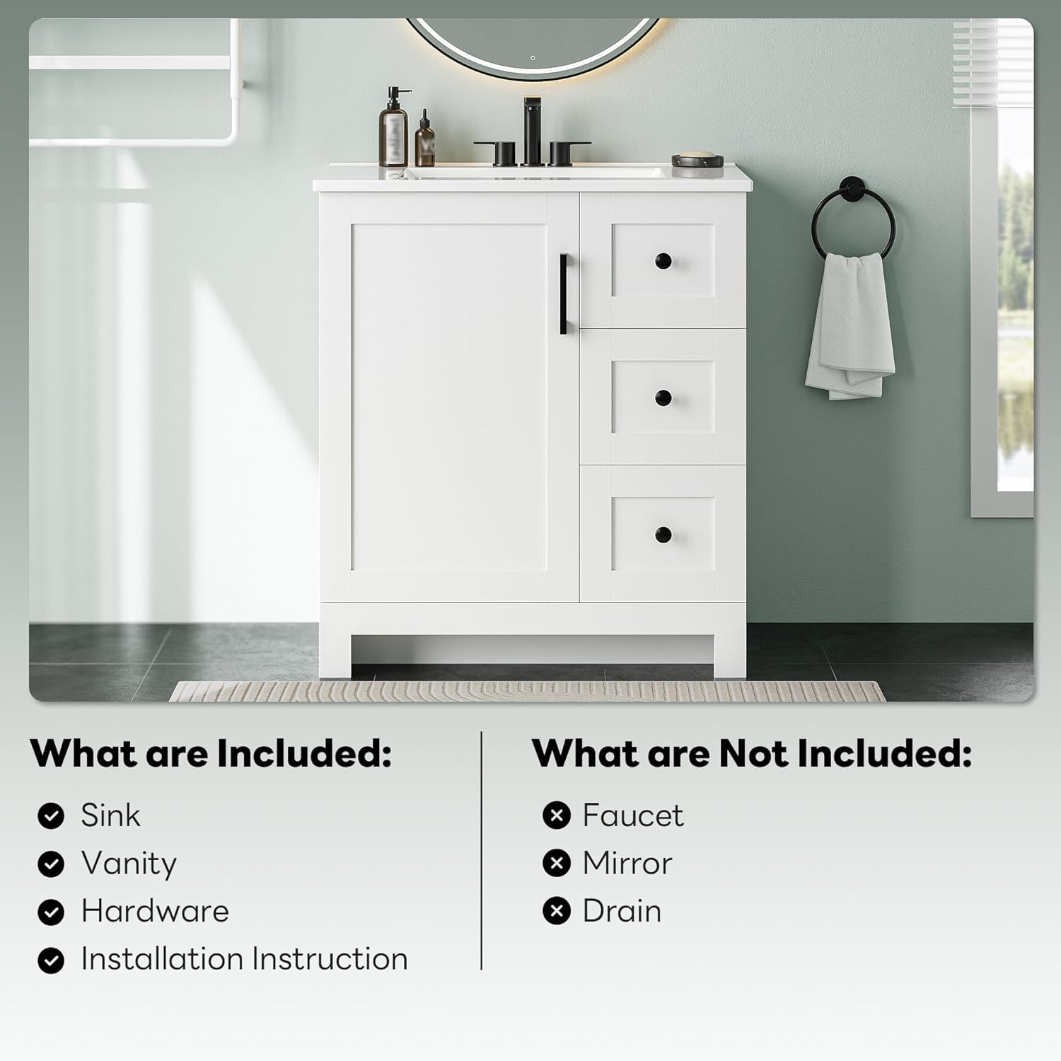 LIKIMIO 30″ Bathroom Vanity with Sink, Freestanding Bathroom Vanity with 1 Soft-
