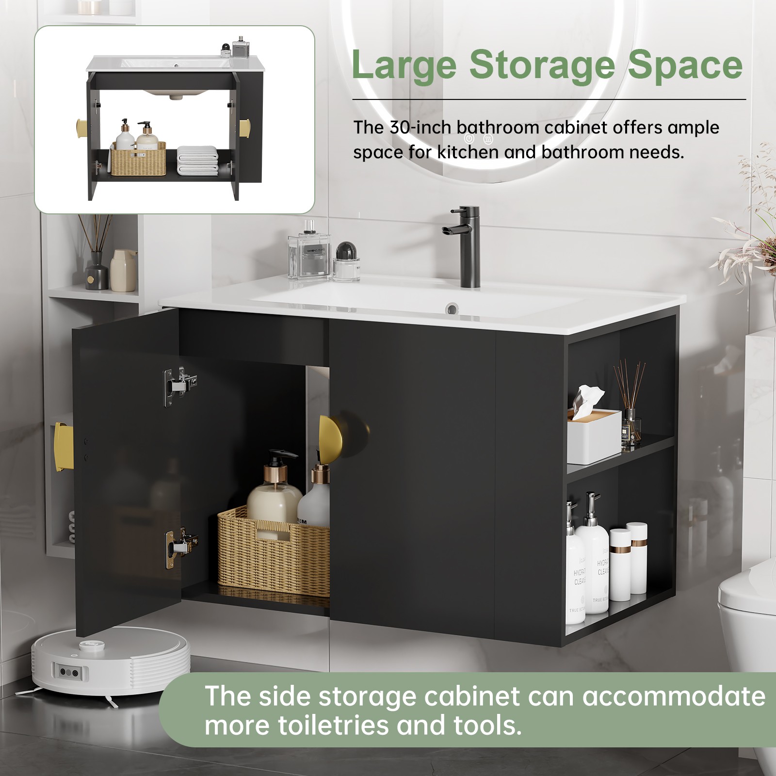 30″ Blcak Wall Mounted Bathroom Vanity Cabinet with Ceramic Sink & 2 Doors