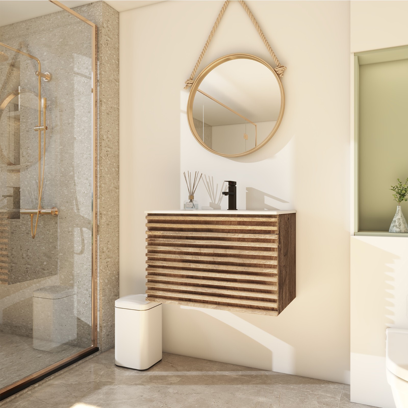 Bathroom Vanity Set Wall Mounted W/ Drop in Sink Mid-Century Cabinet Set