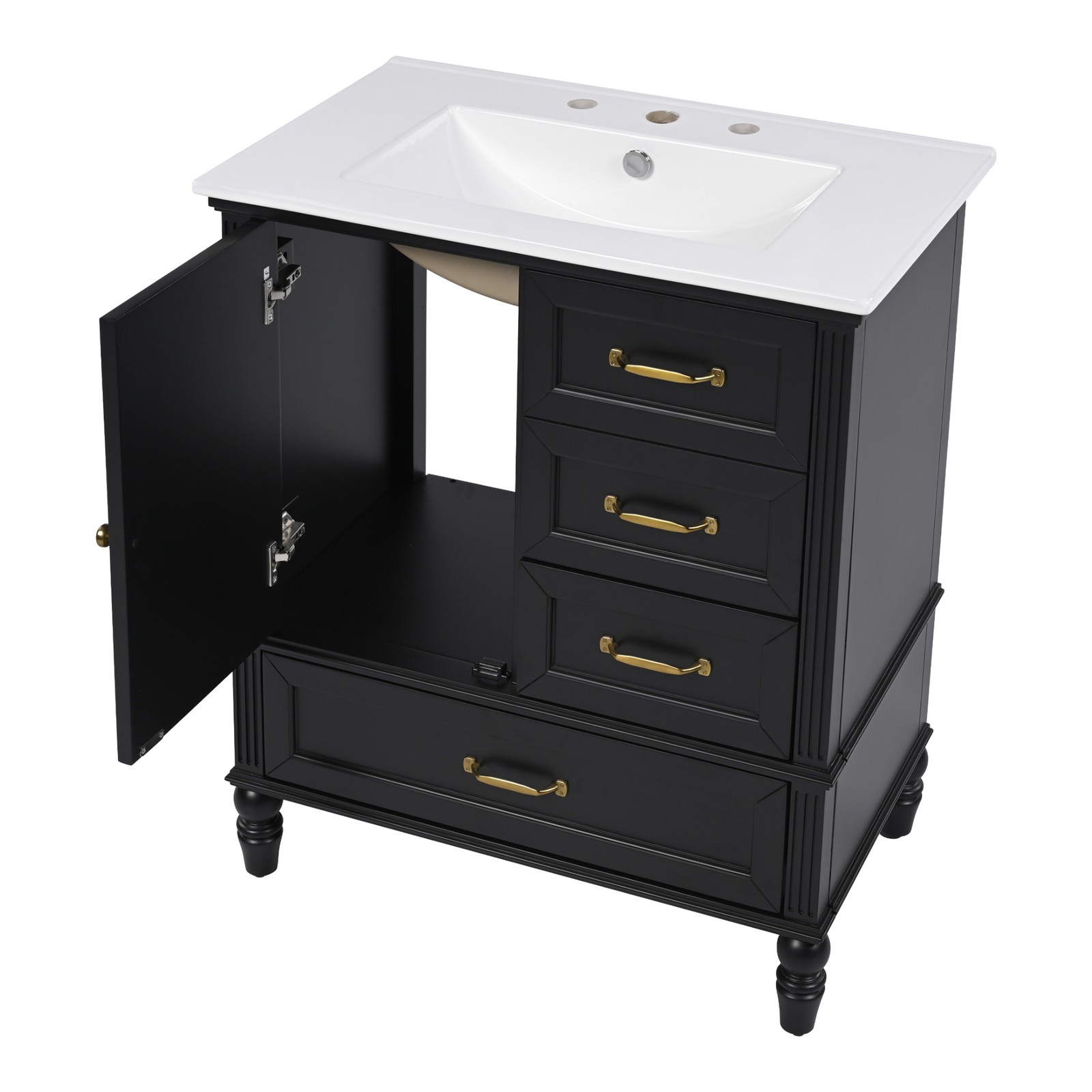 30″ Bathroom Vanity with Sink & Cabinet, Black, Solid Wood & MDF