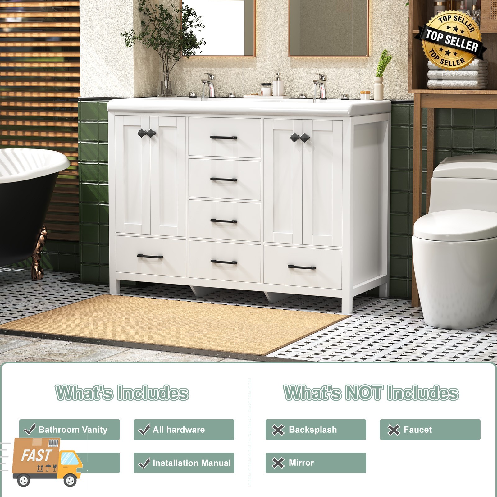 47.3″ Bathroom Vanity Double Sink Ceramic Freestanding Storage Cabinet Drawers.