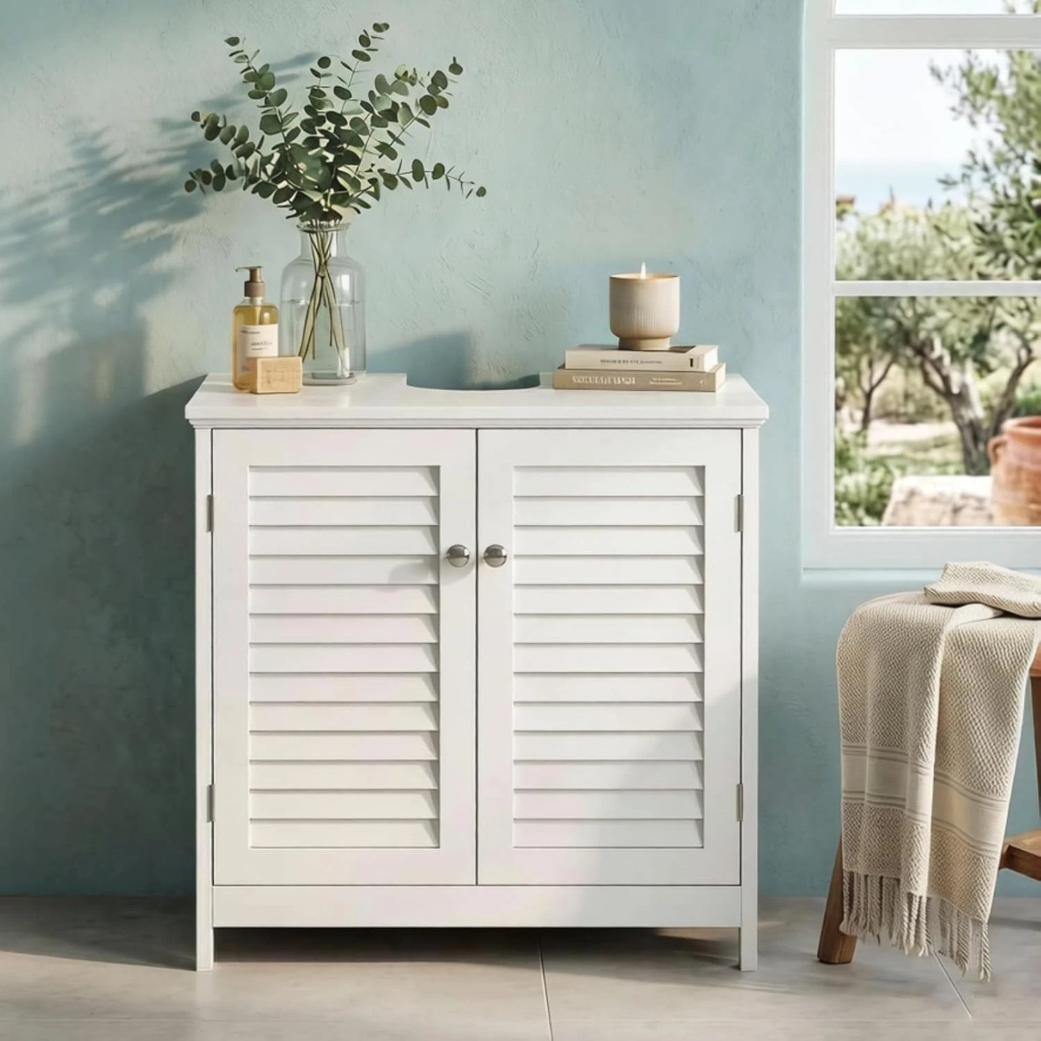 Elegant Under Sink Cabinet in White – U-Shaped Freestanding Storage Solution