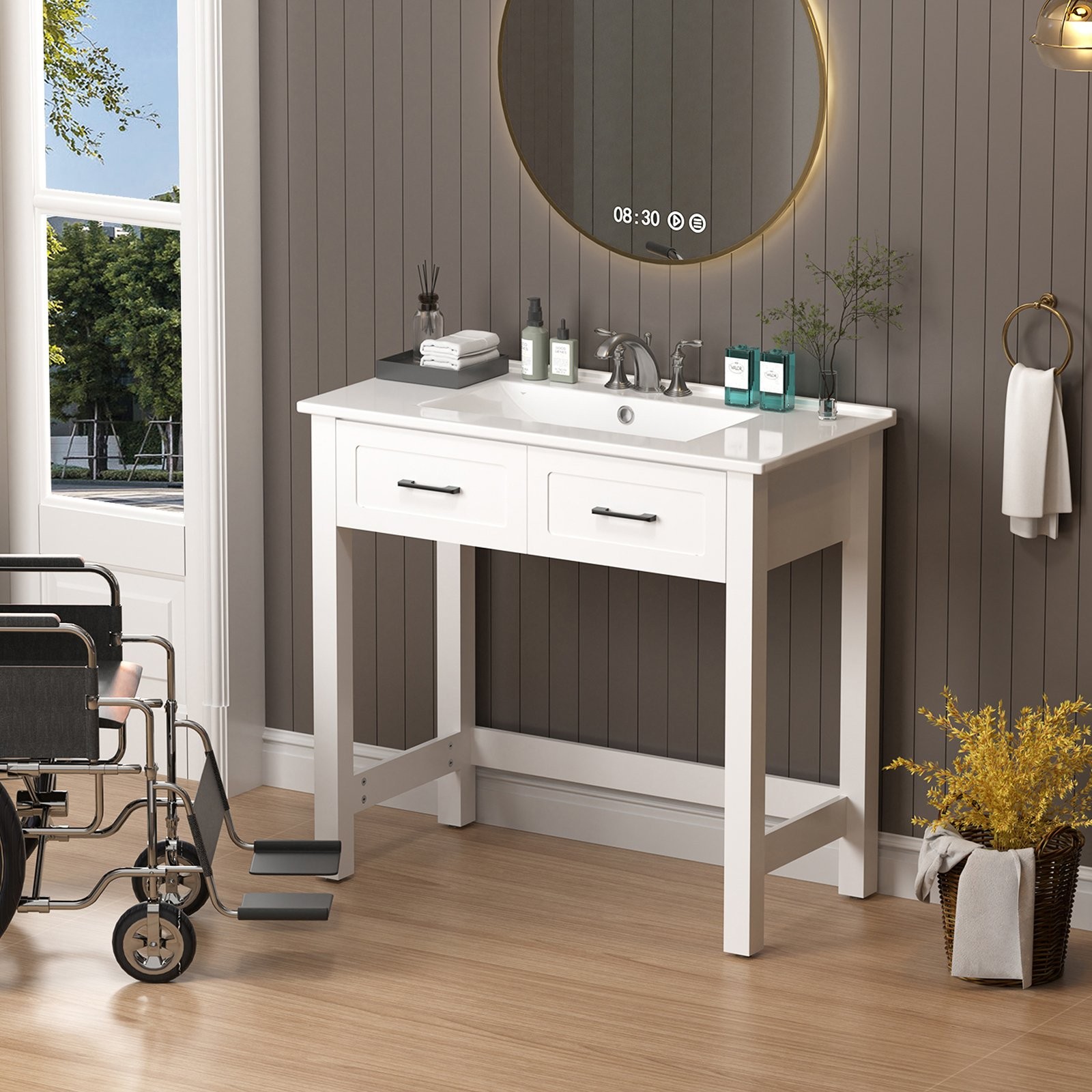 36″ White Bathroom Vanity with a Tip-out Drawer & Ceramic Sink for Elderly