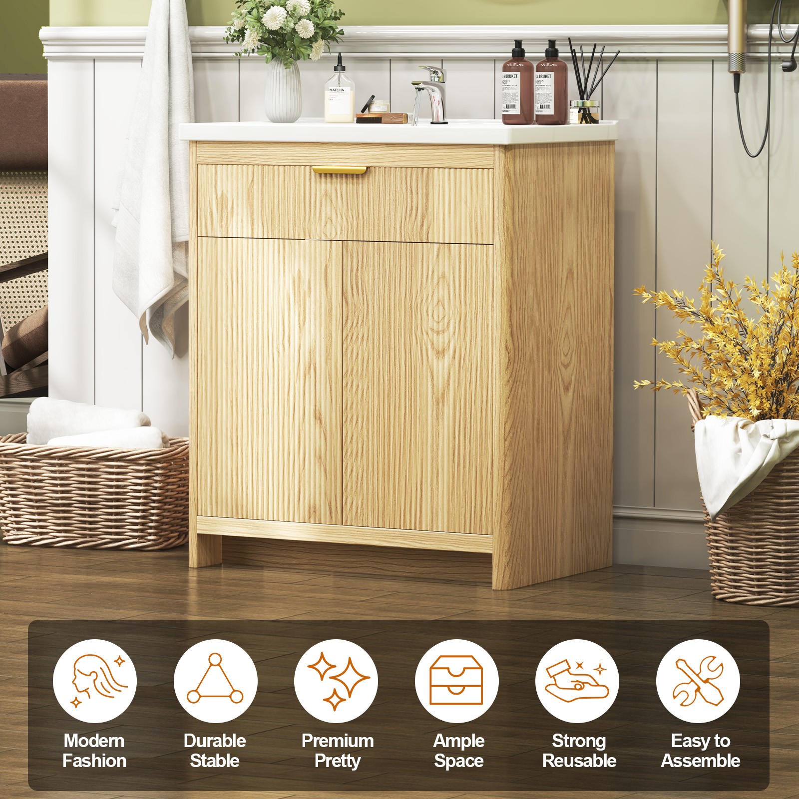 23.6 Inch Elegant Bathroom Vanity Set with Solid Wood Frame with Ceramic Sink