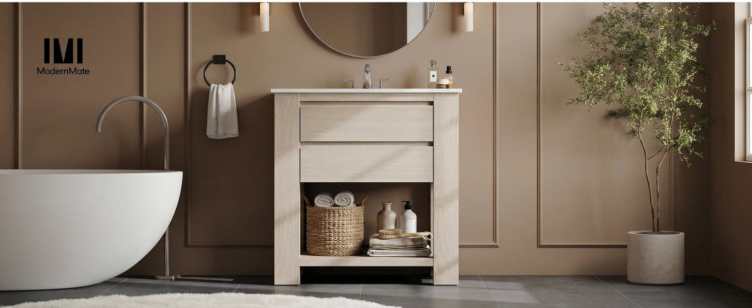 30″ Bathroom Vanity with Sink, White Oak Gray Bathroom Cabinet with 2-Drawer,