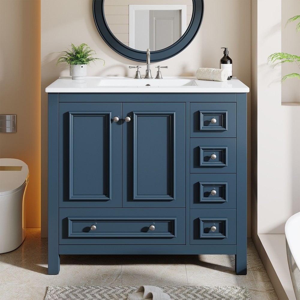 36″Bathroom Vanity with Sink, Freestanding Bathroom Vanities Cabinet w/ 4 Drawer