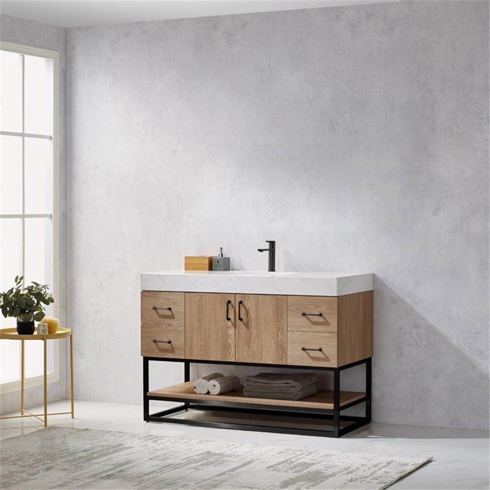 Pemberly Row 48″ White Stone Top Oak Single Vanity Black Frame w/o Mirror