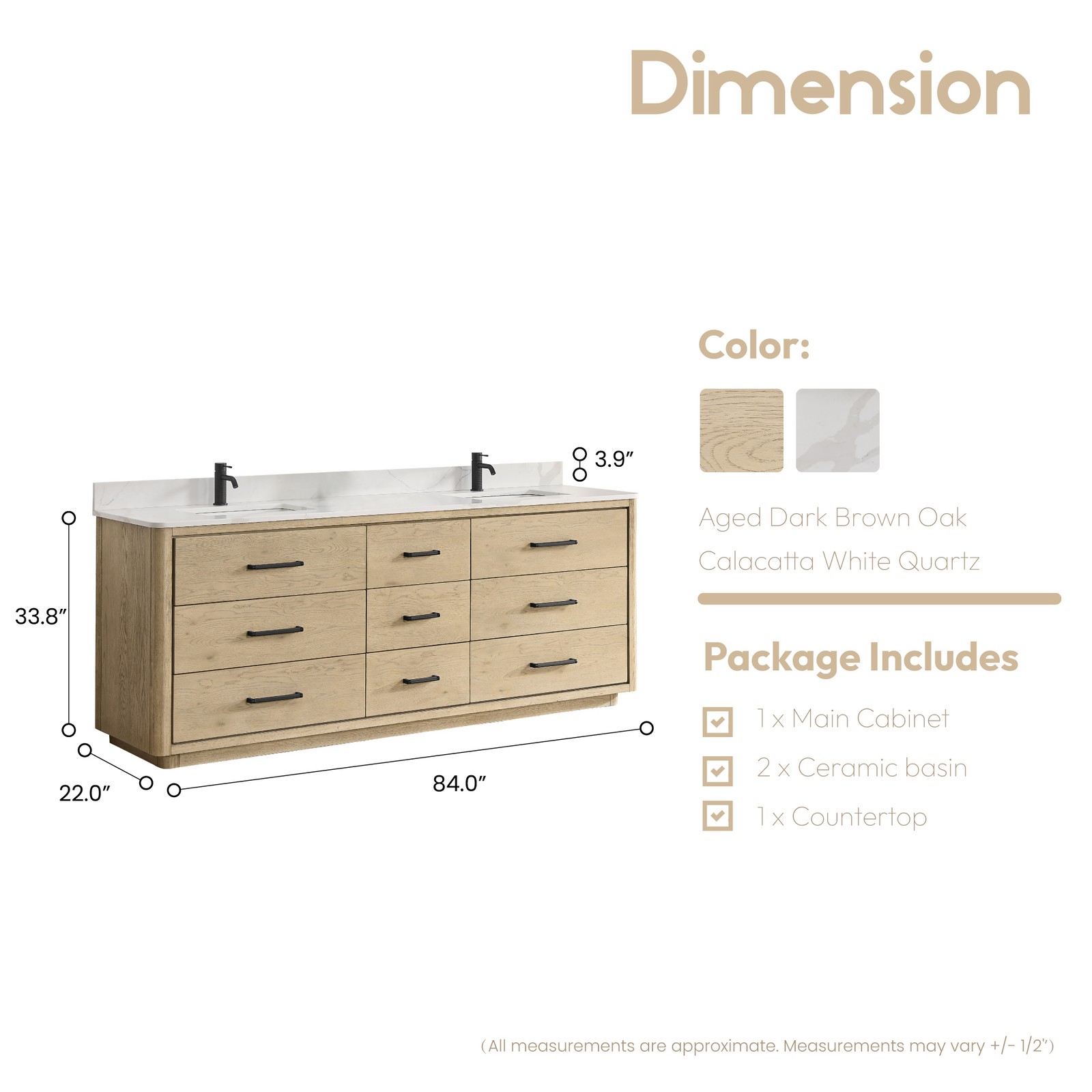 Porto 84″ Aged Natural Oak Double Bath Vanity with Fish Maw White Quartz Stone