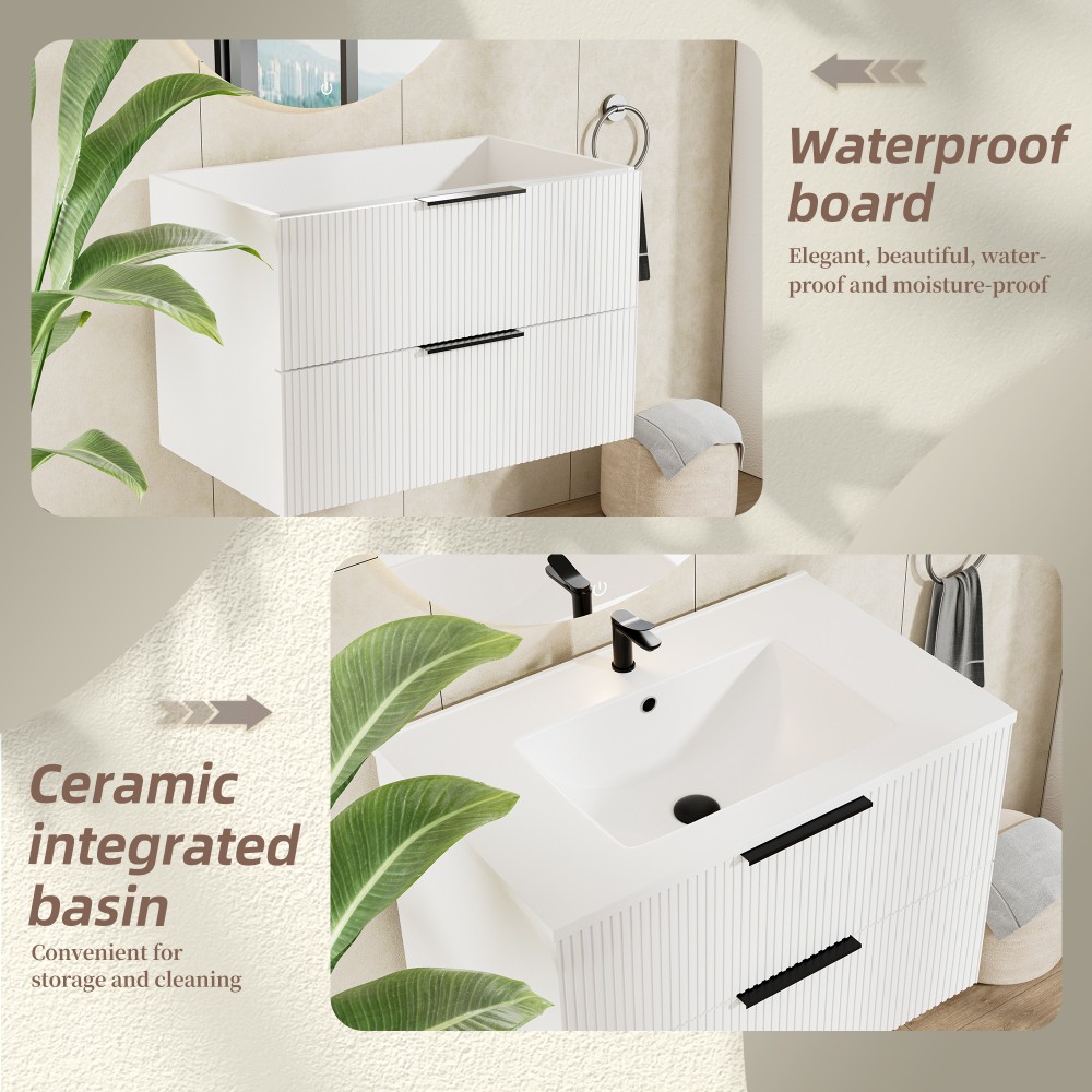 30″ Bathroom Vanity with Ceramic Sink, White Wall Mounted Fluted Cabinet