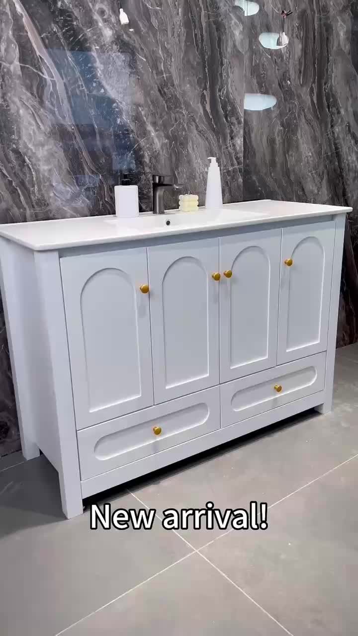48 Inch White Bathroom Vanity with Resin Sink, 4 Doors 2 Drawers