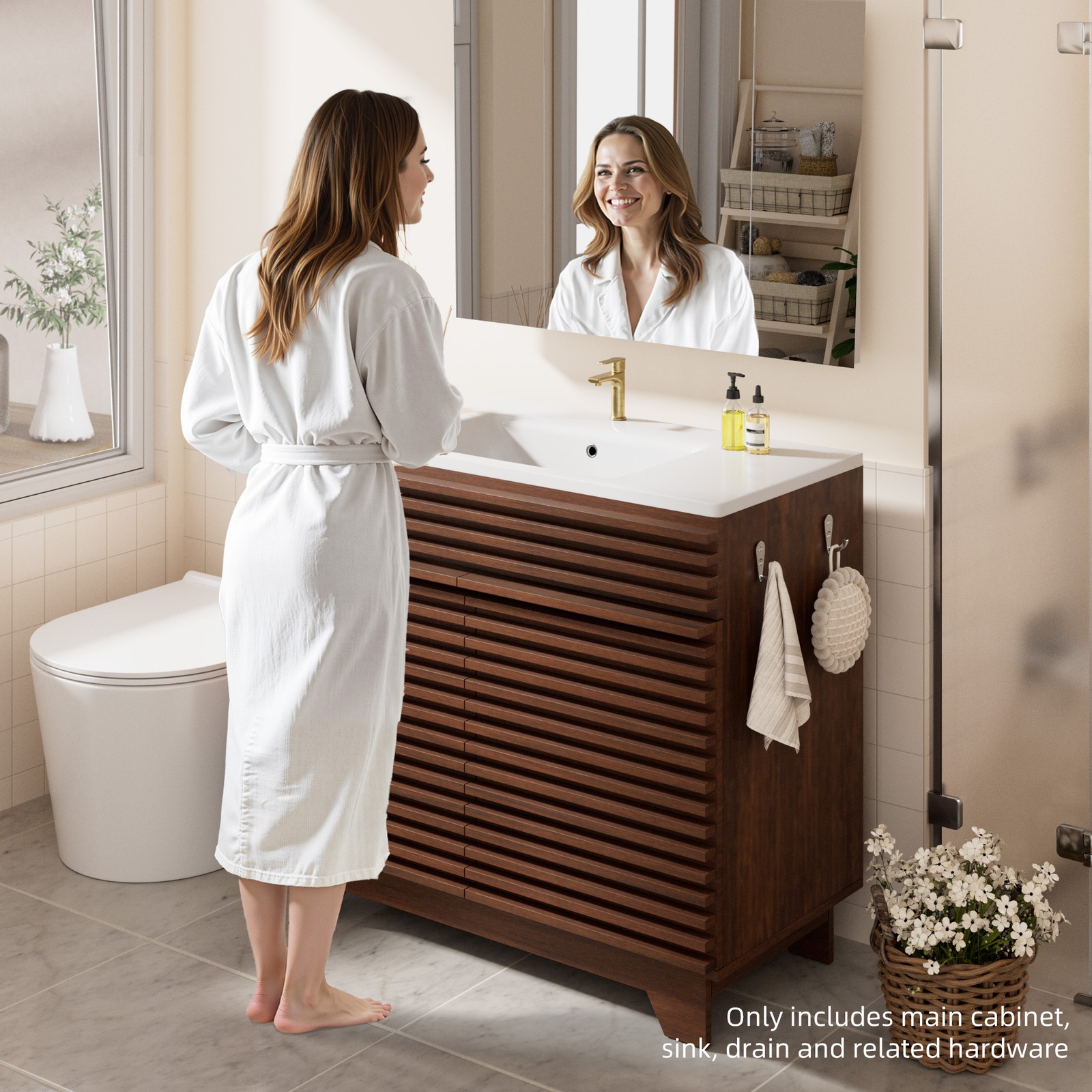Modern 36″ Bathroom Vanity w/Sink Combo Wood Bathroom Cabinet Set Walnut White
