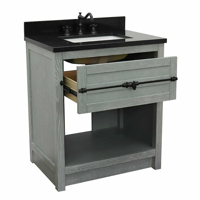 Plantation Solid Wood Single Rectangle Sink Vanity in Gray Ash/Black Galaxy