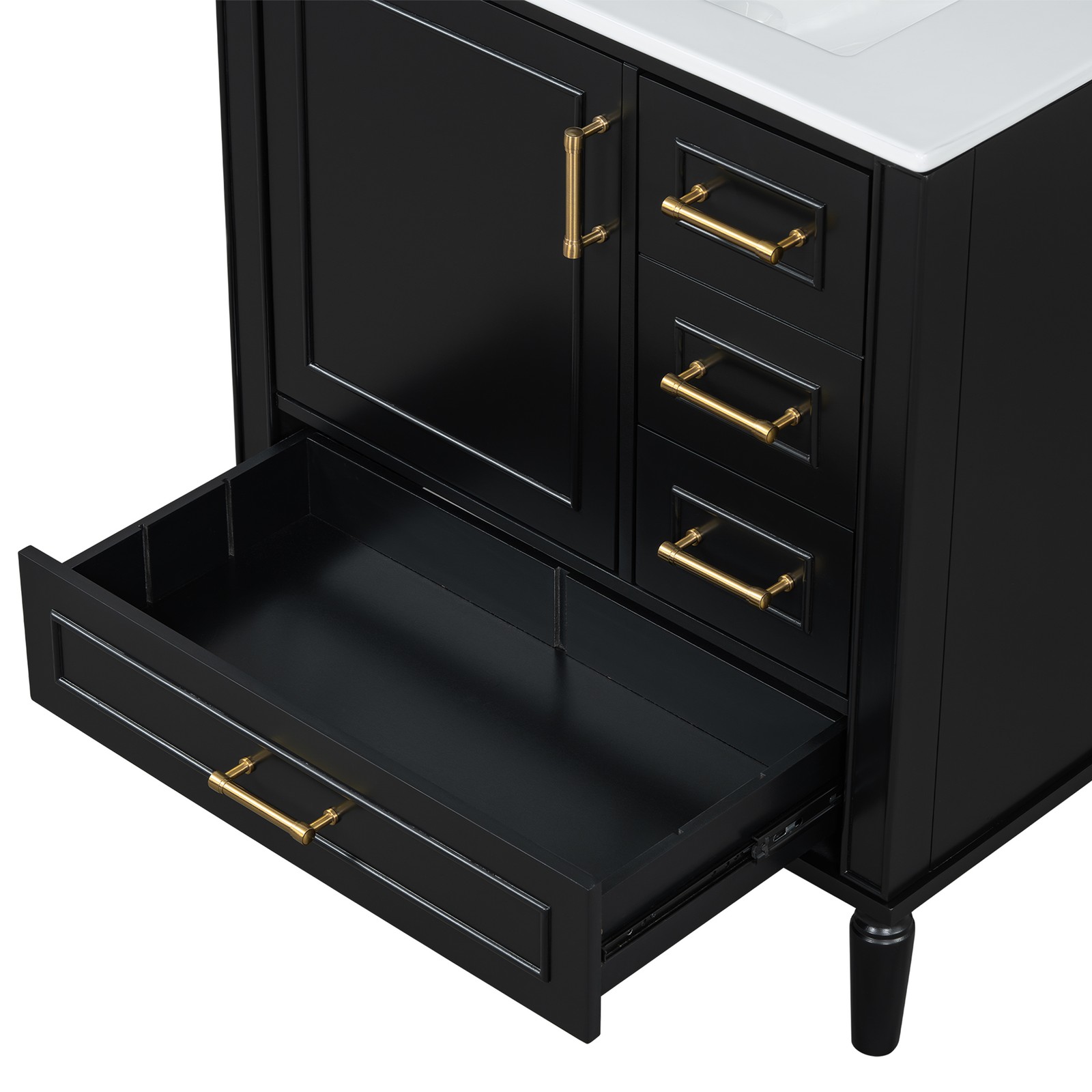 30″ Black Bathroom Vanity Set with 3 Drawers & Gold Handles