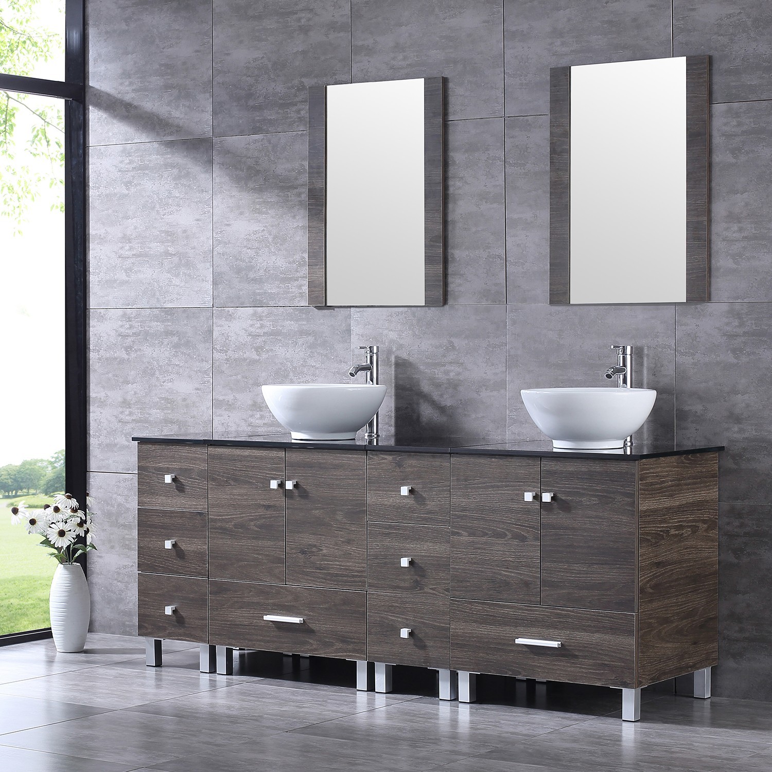 72 inch Double Sink Bathroom Vanity Cabinet Ceramic Vessel Sink w/Mirror Faucet