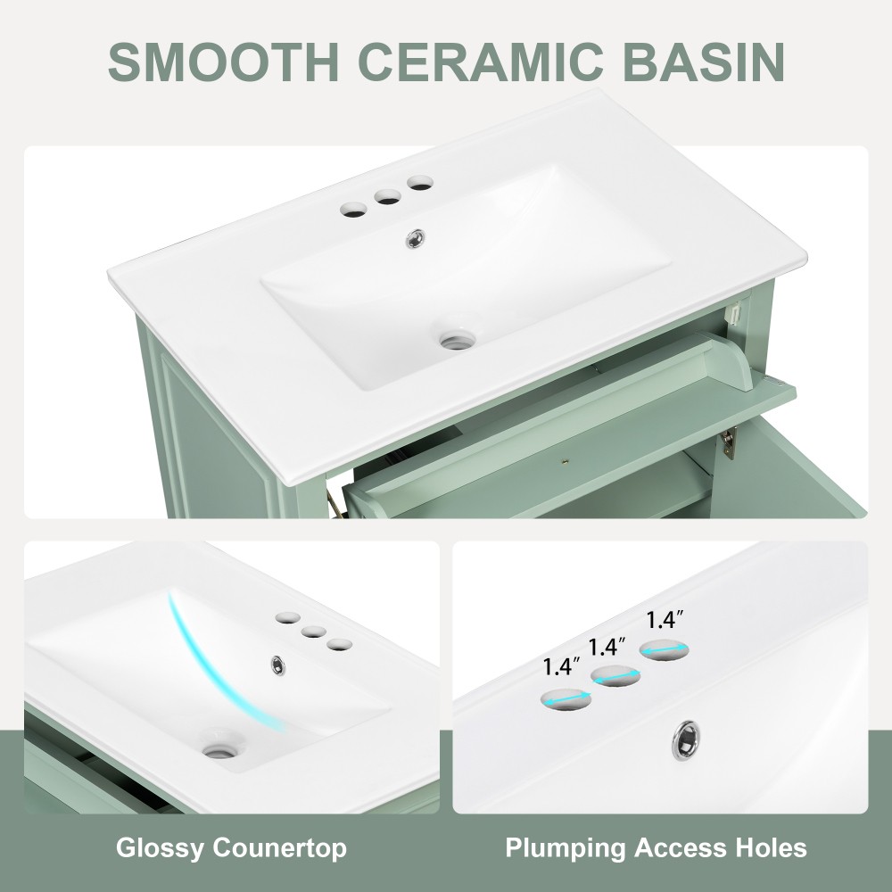 30″ Green Bathroom Vanity with Ceramic Sink Solid Wood MDF Cabinet