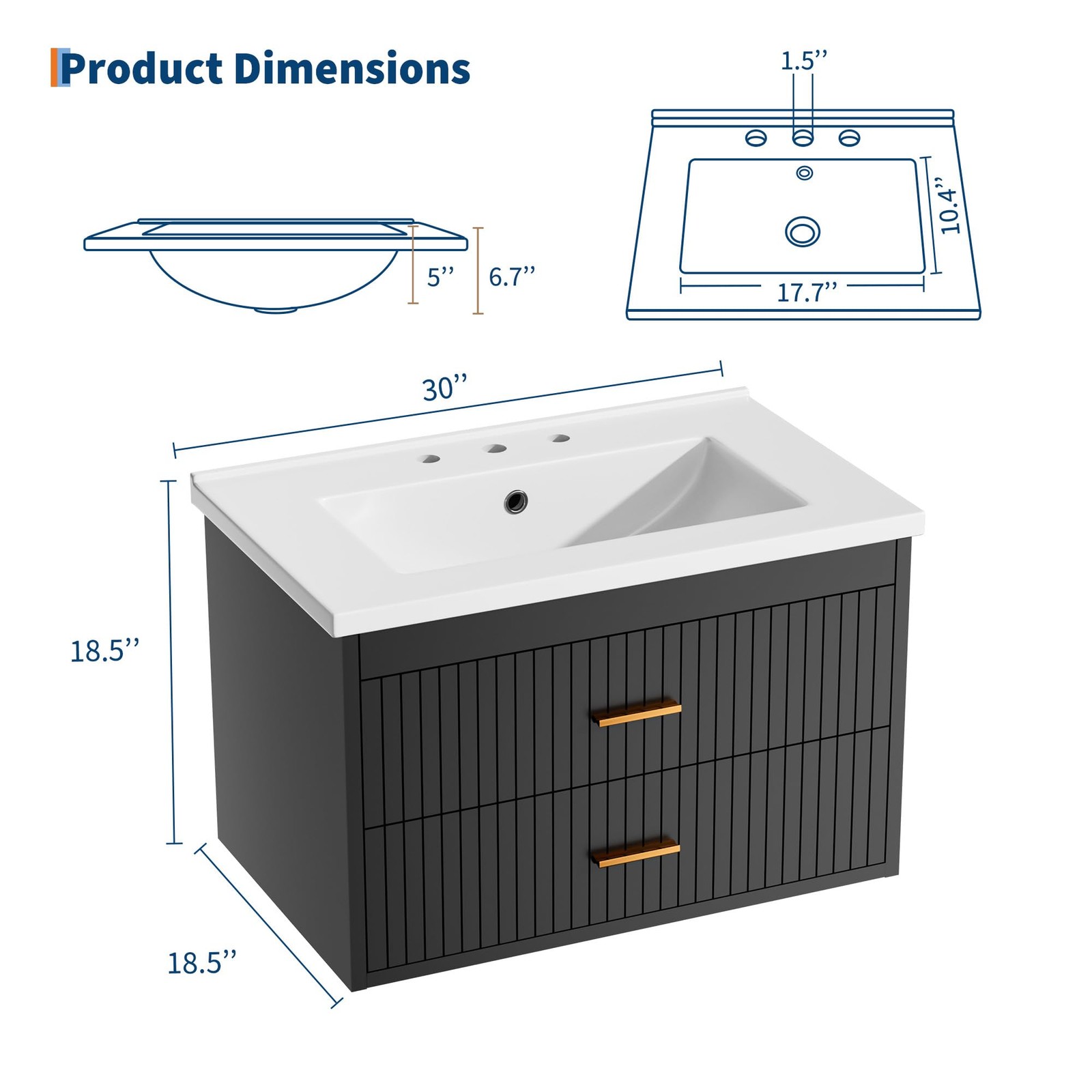 30″ Floating Fluted Bathroom Vanity w/ Ceramic Sink Wall Mounted Vanity Cabinet