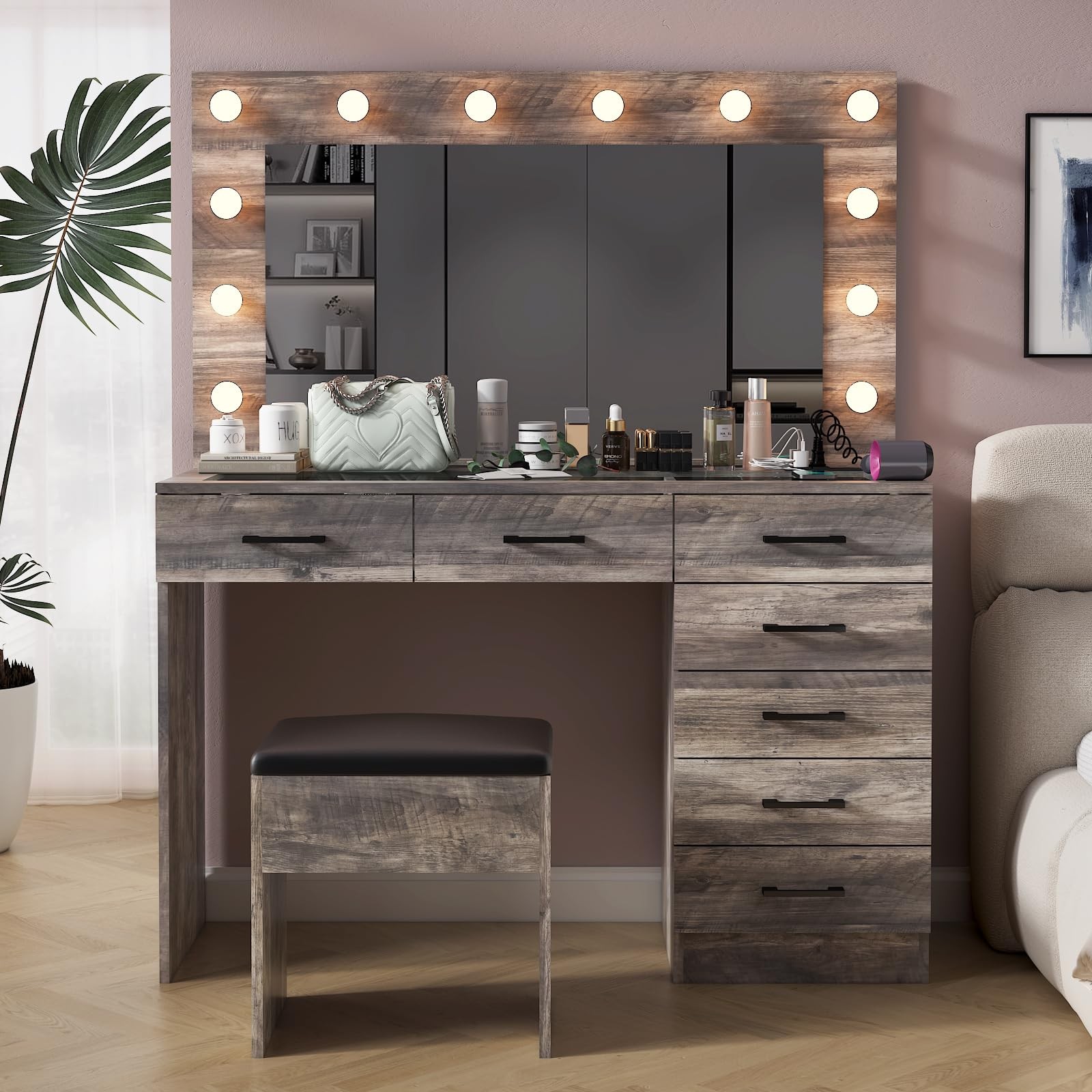 Vanity Desk Mirror 3 Color Lights Charging 7 Drawer Glass Top Stool Grey