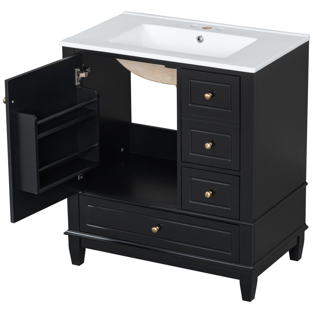 30″ Vanity w/Sink,Rubber Wood & MDF Cabinet,Soft Close Door,3 Drawers,Vietnam